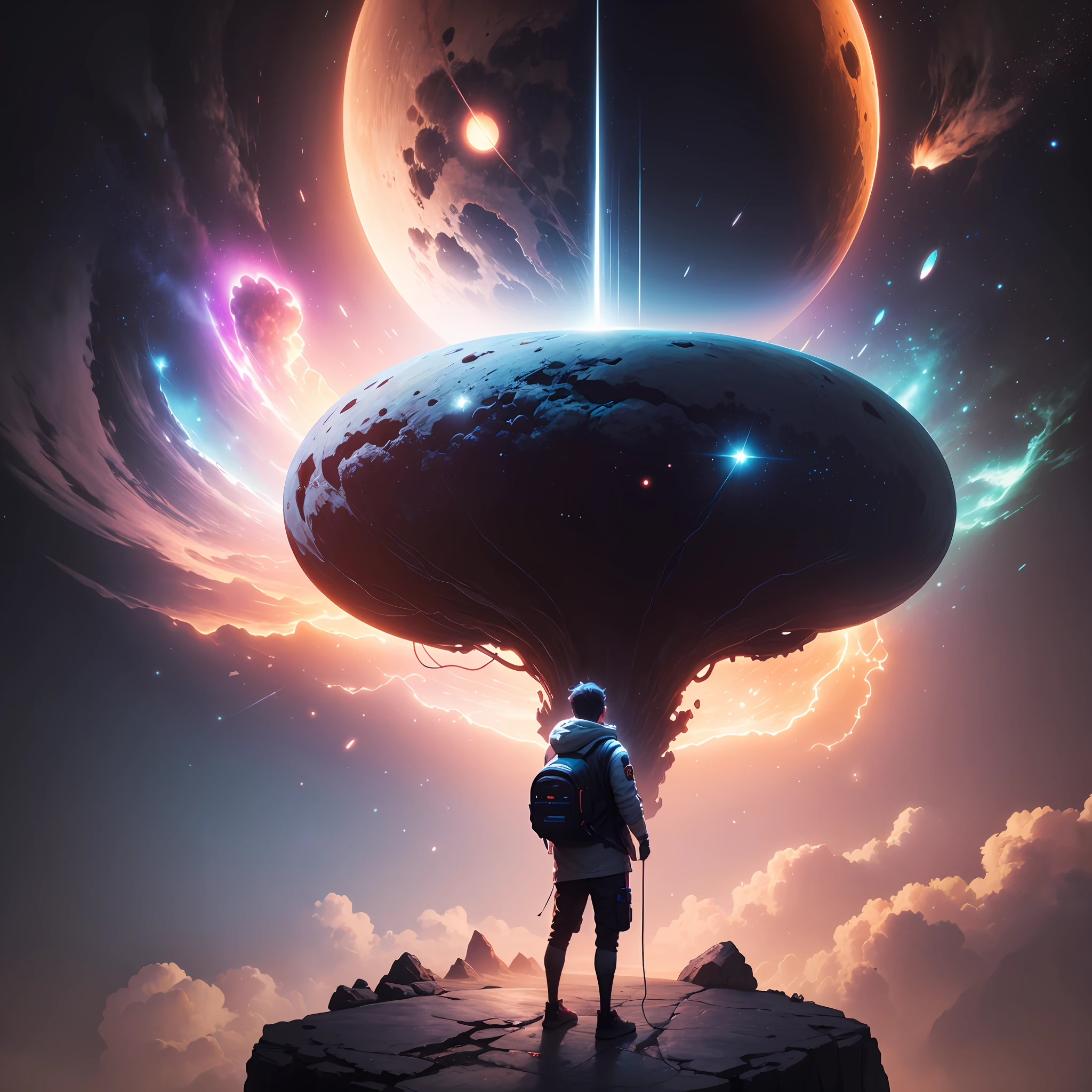 a close up of a person standing on a rock in the middle of a galaxy, inspired by Cyril Rolando, beeple artwork, beeple art, in style of cyril rolando, beeple masterpiece, beeple colors, artgem and beeple masterpiece, beautiful art uhd 4 k, by Mike "Beeple" Winkelmann --auto
