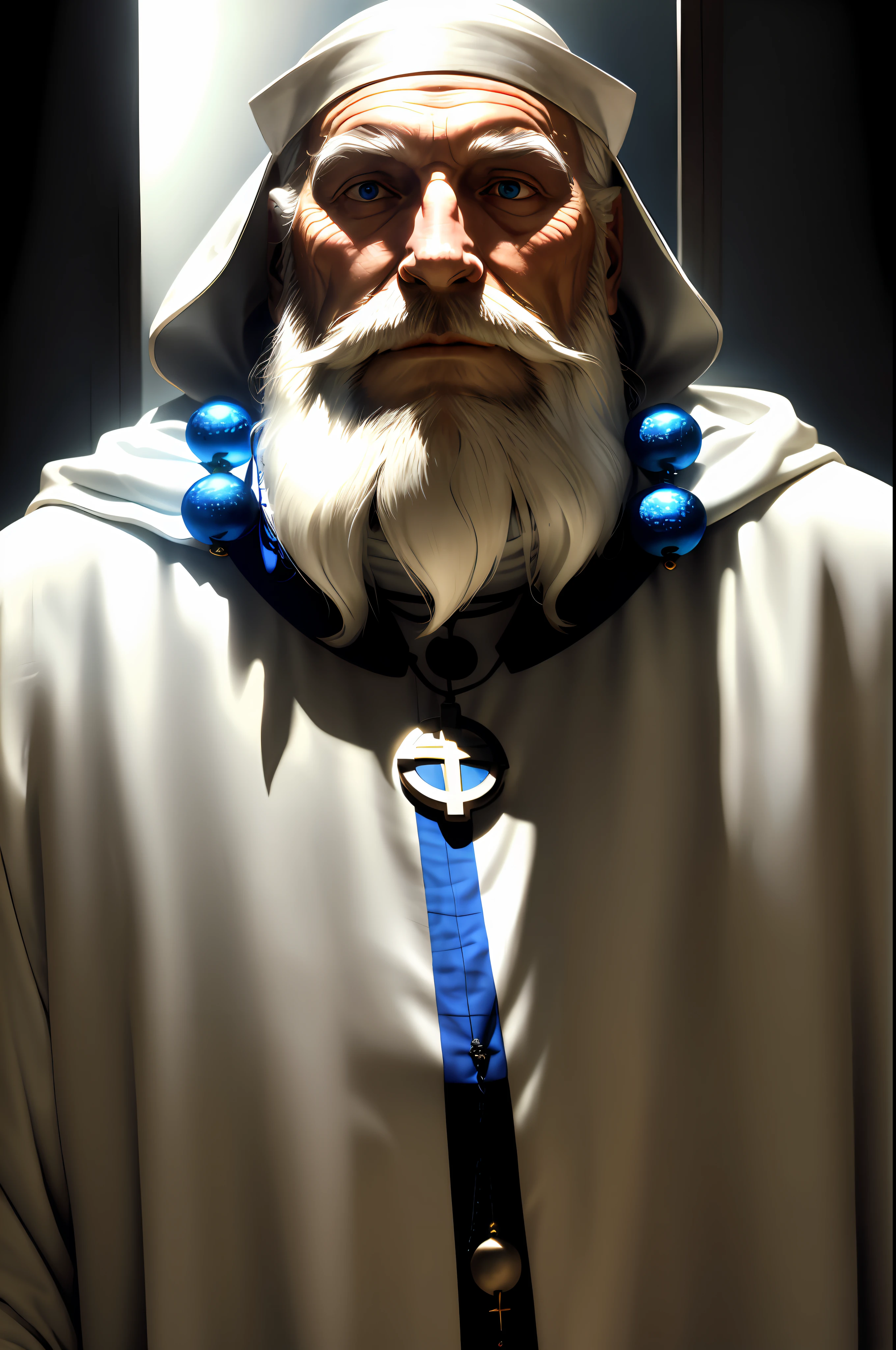 Father of saint, with a white tunic, with necklaces blue details, white beard, calm countenance, realistic image, Expressionism, relationship graph, reflection light, backlighting, UHD