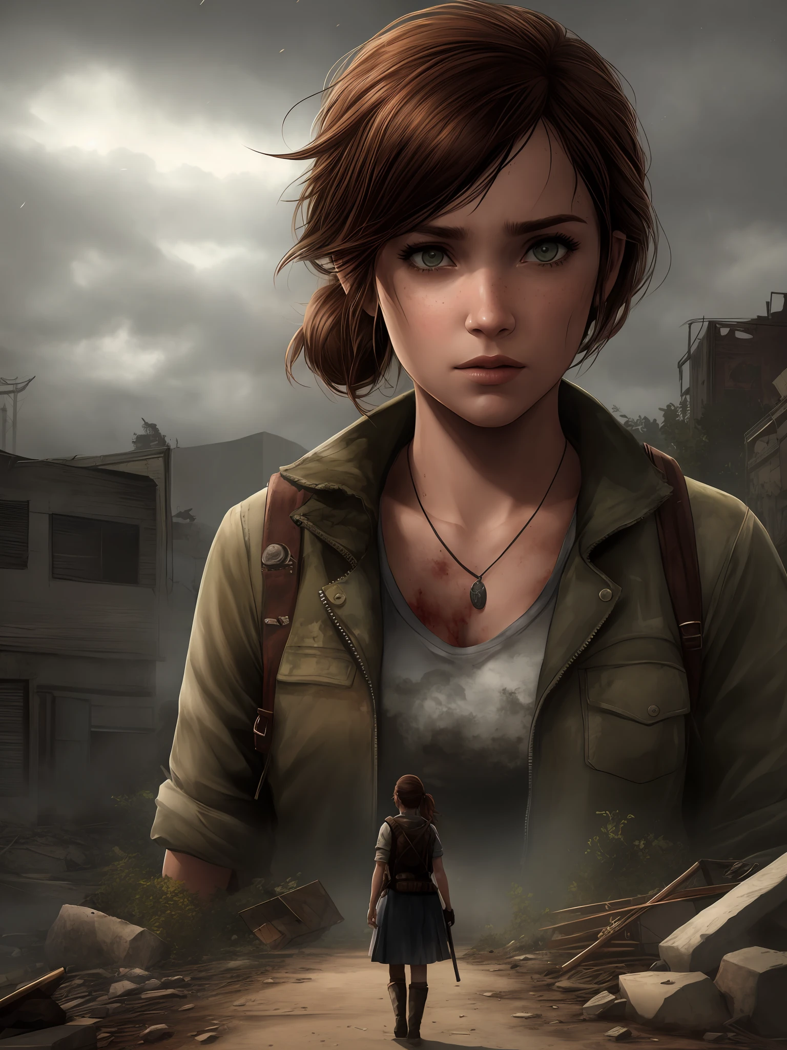 Imagine uma capa para o livro "Fim", A Story of Survival in the Zombie Apocalypse. A capa apresenta um fundo escuro e opressivo, with threatening clouds. No centro da capa, Destaques Vick, a protagonista corajosa, 14 anos, Holding the baby in your arms, Ellie Face The Last of Us Game. She's in a pose of determination, with the gaze reflecting courage and resilience. Ao redor de Vick, sombras sinistras de zumbis se destacam, conveying the constant threat she faces. The title "Fim" aparece em letras marcantes e impactantes, talvez com um efeito de textura ou sombreamento. detalhes sutis, as rubble or a symbol representative of the plot, can be added to accentuate the post-apocalyptic mood.