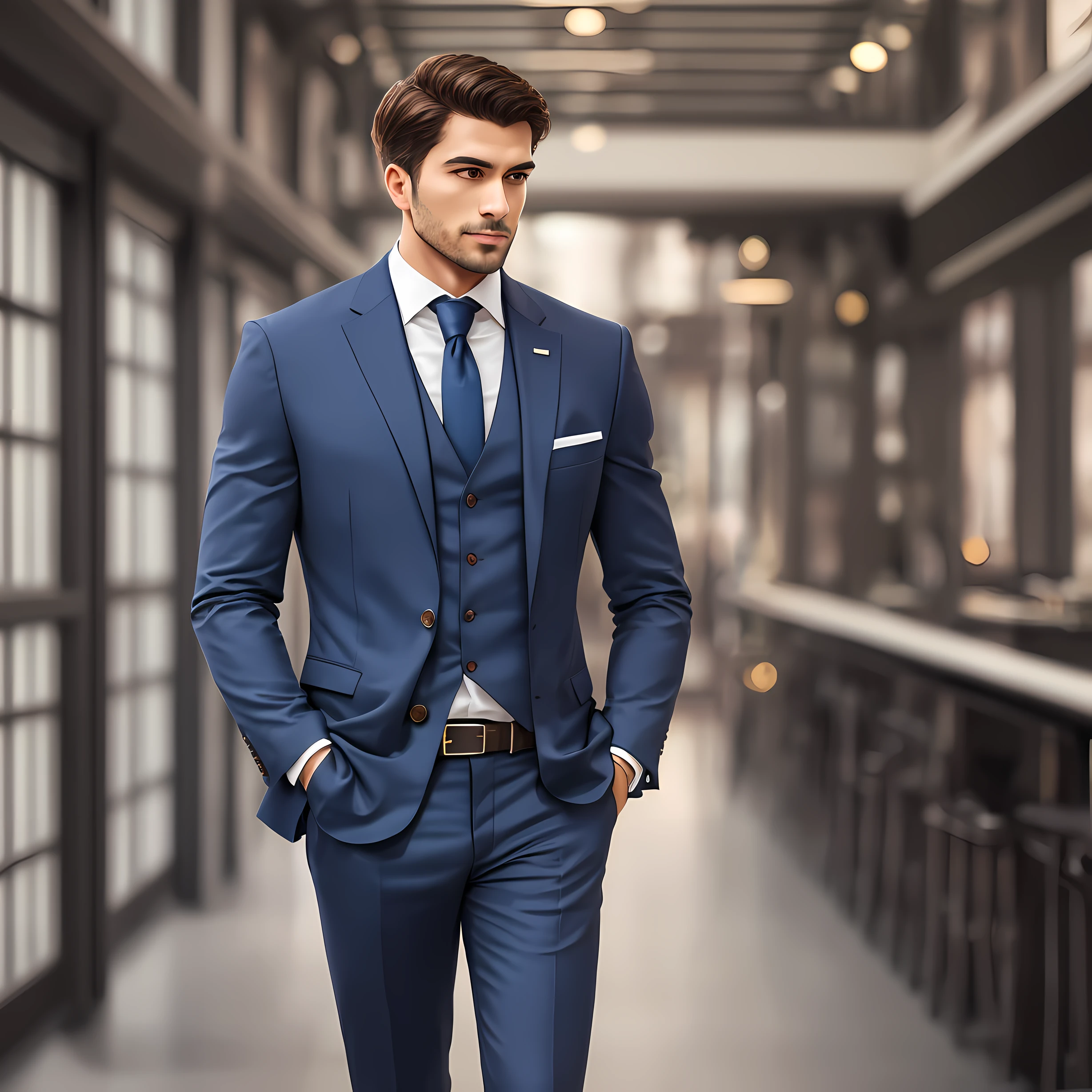 A very attractive businessman, with elegant clothes and an imposing posture, in a luxurious and modern environment, with evidence of success and prosperity in his business.hultra realistic camera cannon