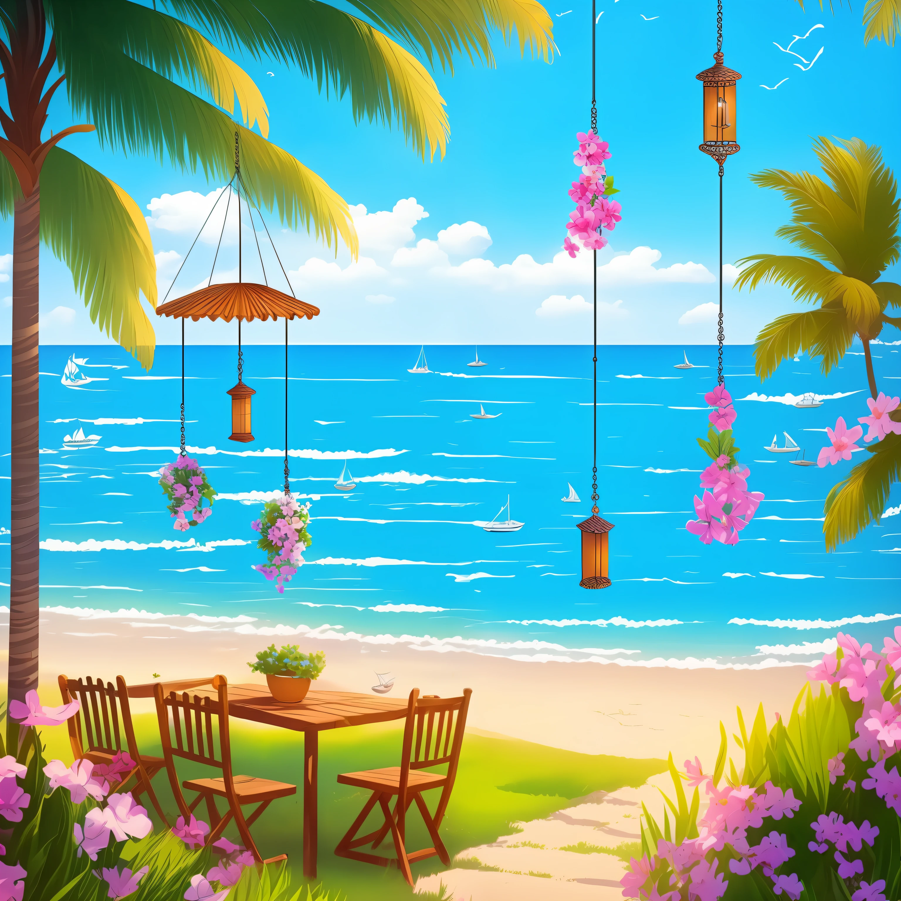 wind chimes, gentle breeze, shade, chairs on the edge, summer day, cheerful atmosphere, top quality, described like a scene from a movie --auto