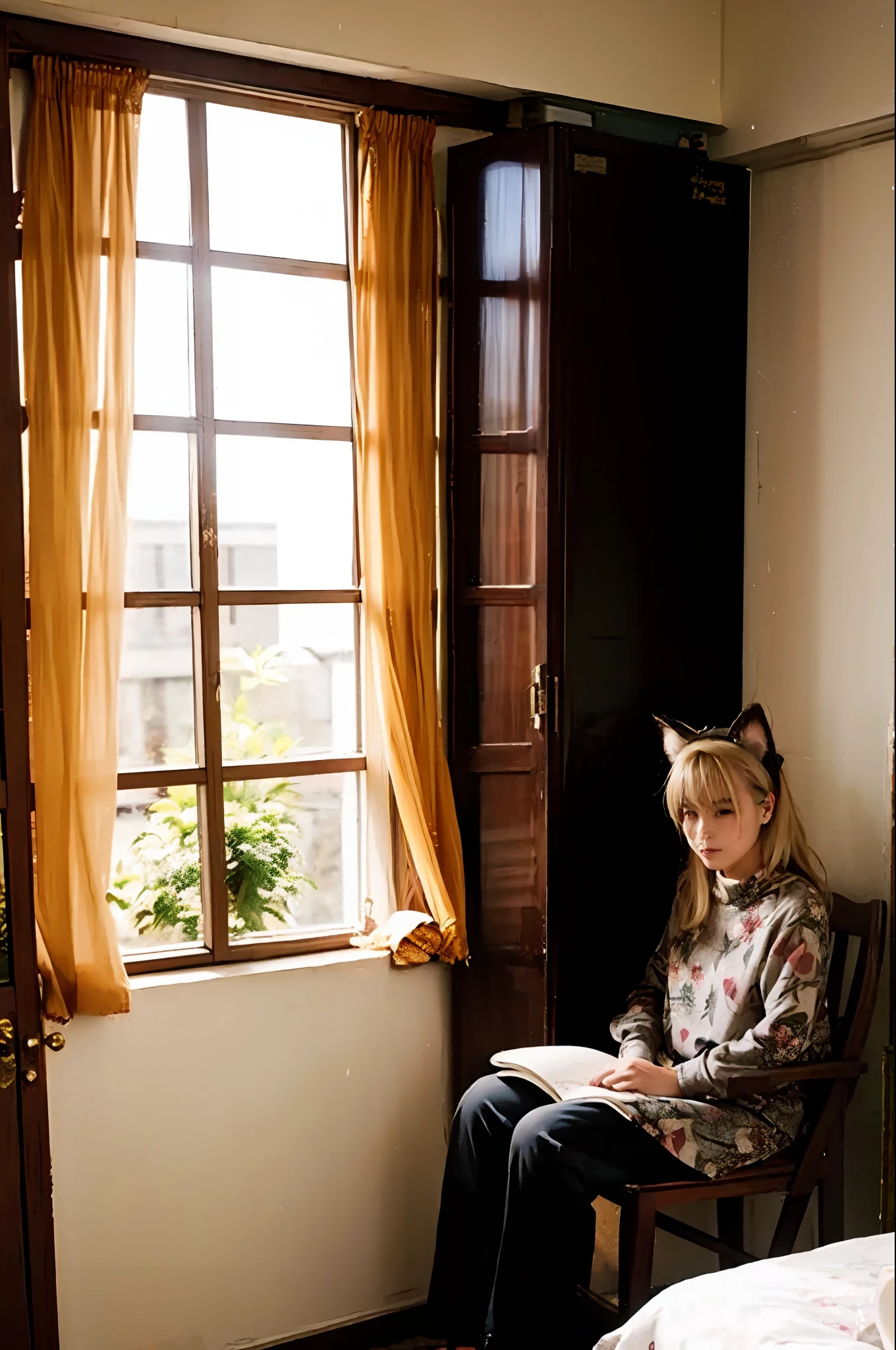 masutepiece, Best Quality, Indoors, 1girl in,Sitting, Animal ears, Komono, Blonde hair, Long hair、by the window