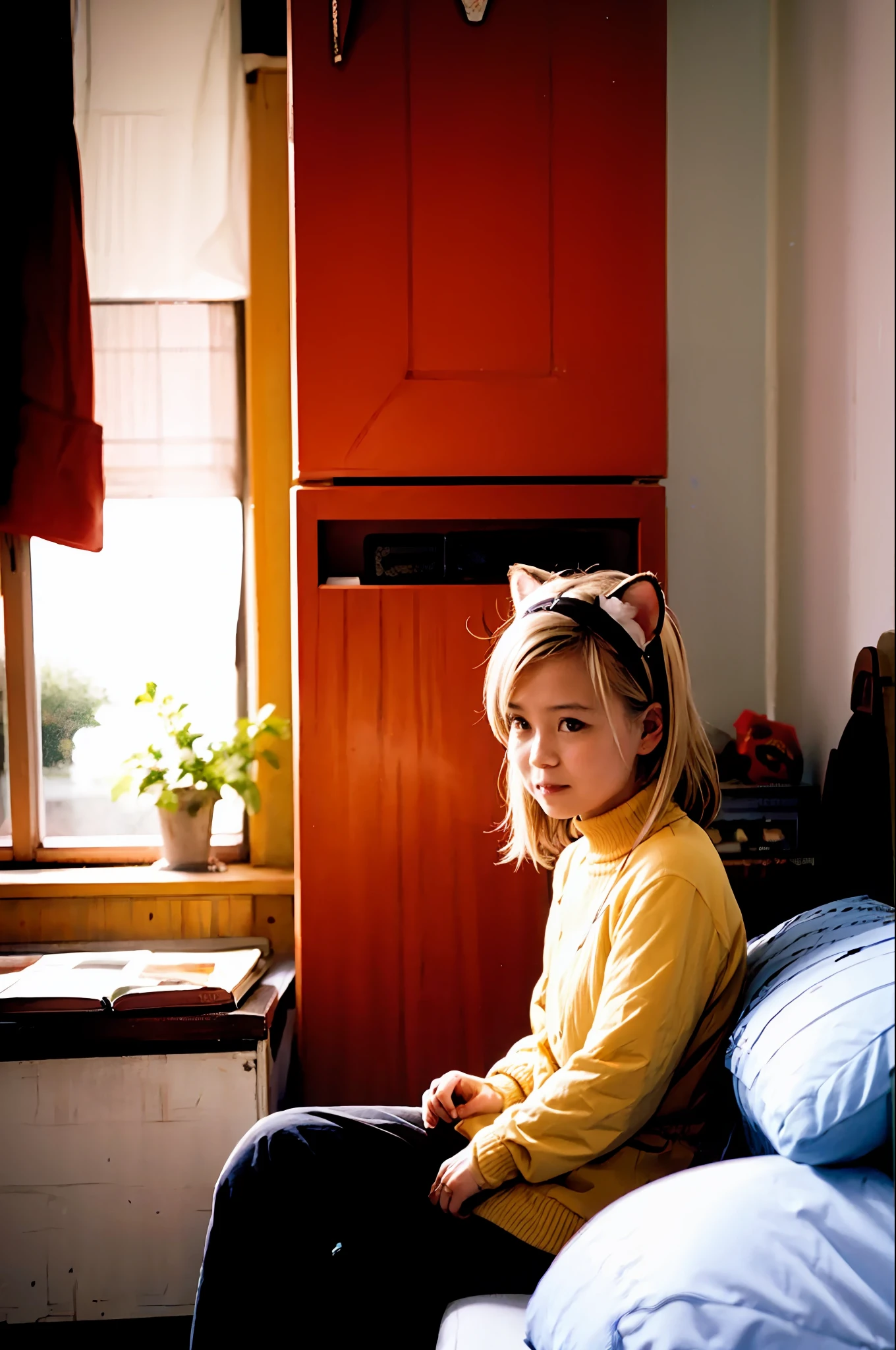 masutepiece, Best Quality, Indoors, 1girl in,Sitting, Animal ears, Komono, Blonde hair, Long hair、by the window