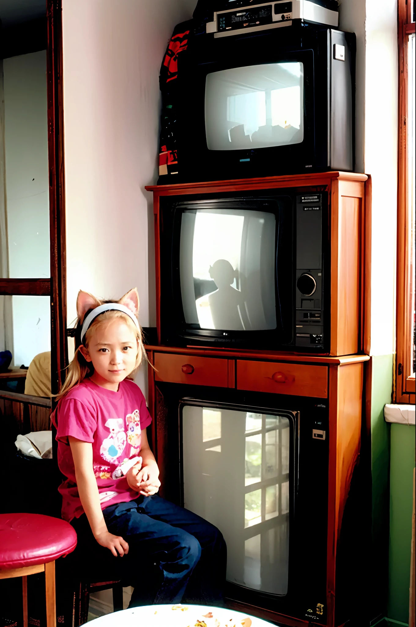 masutepiece, Best Quality, Indoors, 1girl in,Sitting, Animal ears, Komono, Blonde hair, Long hair、by the window