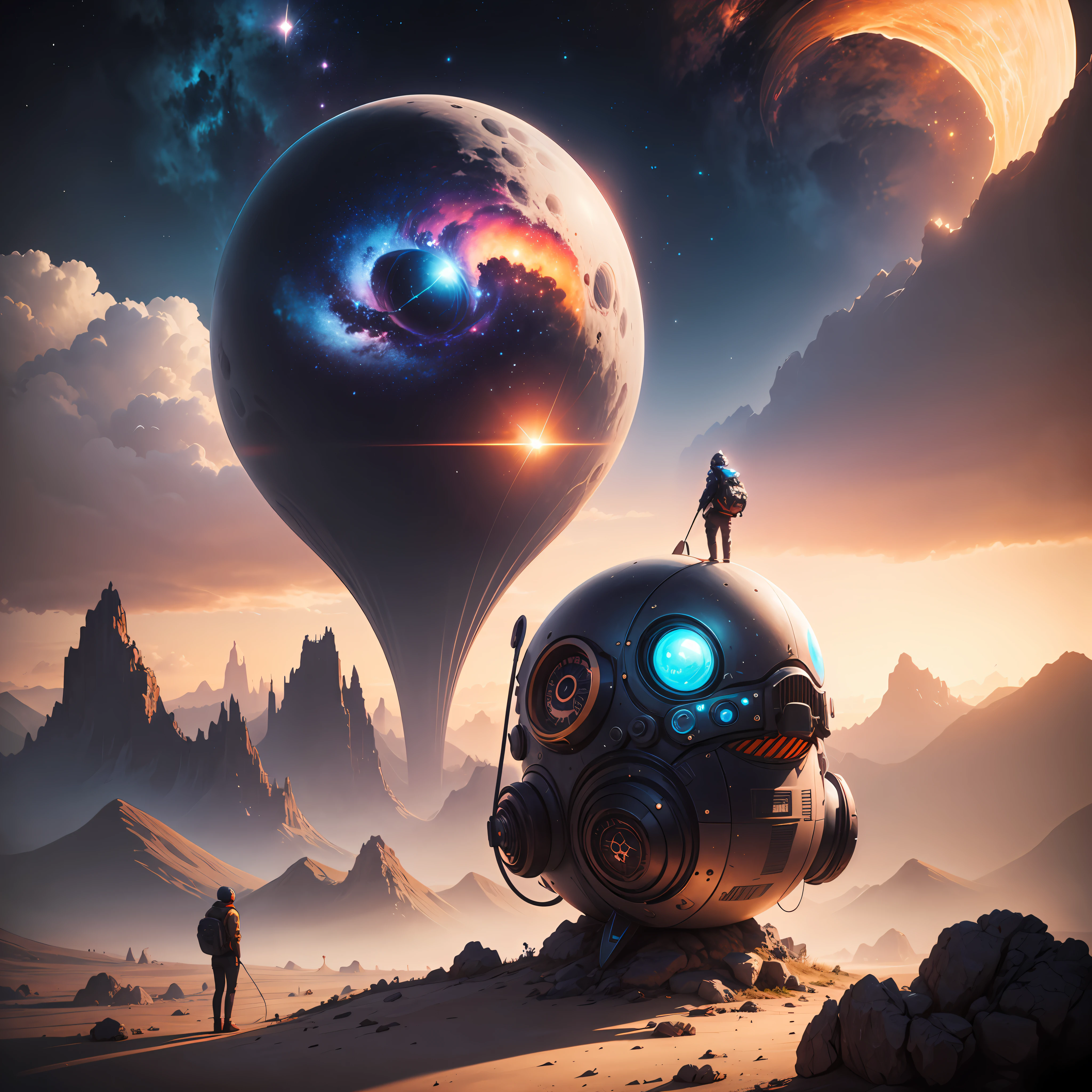 a close up of a person standing on a rock in the middle of a galaxy, inspired by Cyril Rolando, beeple artwork, beeple art, in style of cyril rolando, beeple masterpiece, beeple colors, artgem and beeple masterpiece, beautiful art uhd 4 k, by Mike "Beeple" Winkelmann --auto