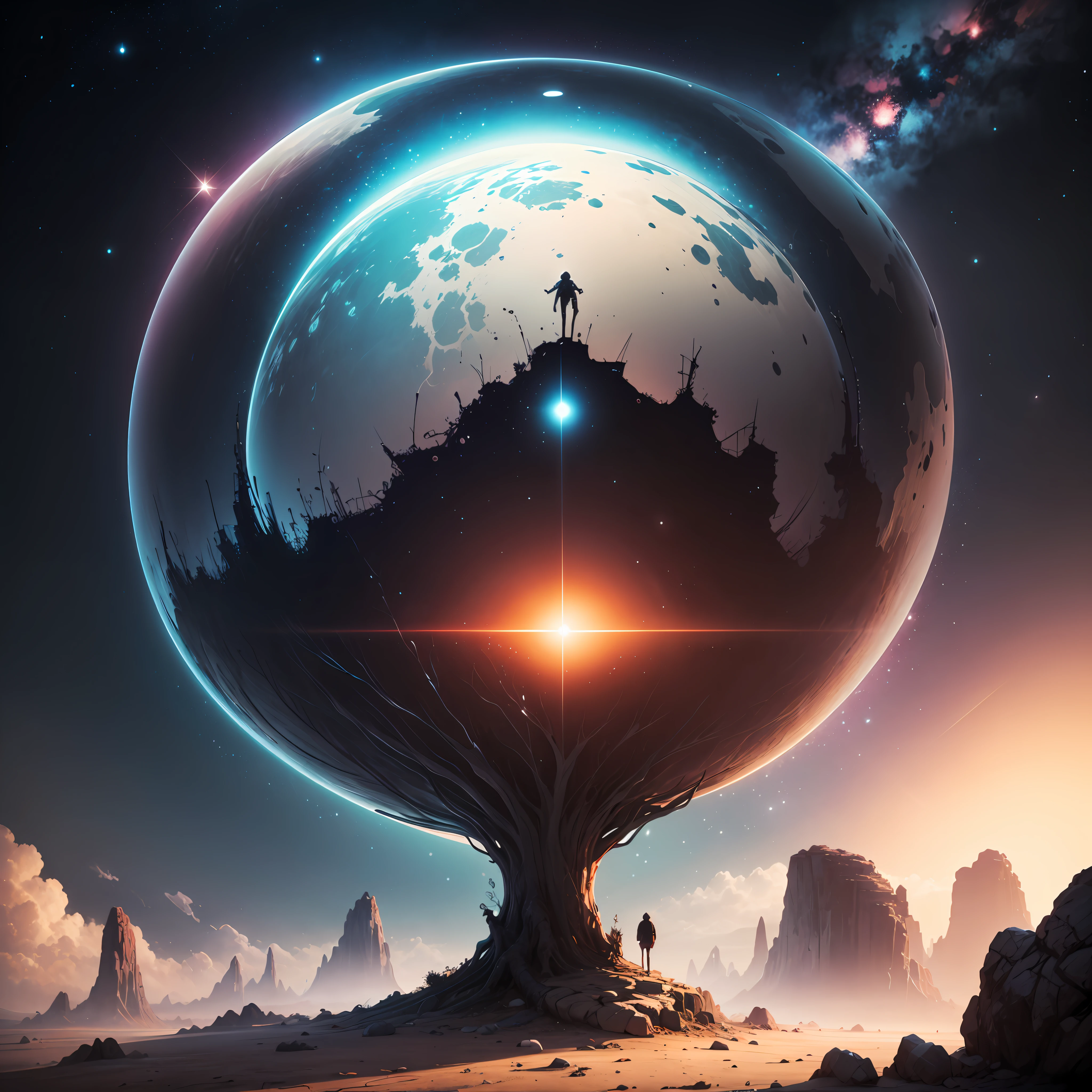 a close up of a person standing on a rock in the middle of a galaxy, inspired by Cyril Rolando, beeple artwork, beeple art, in style of cyril rolando, beeple masterpiece, beeple colors, artgem and beeple masterpiece, beautiful art uhd 4 k, by Mike "Beeple" Winkelmann --auto