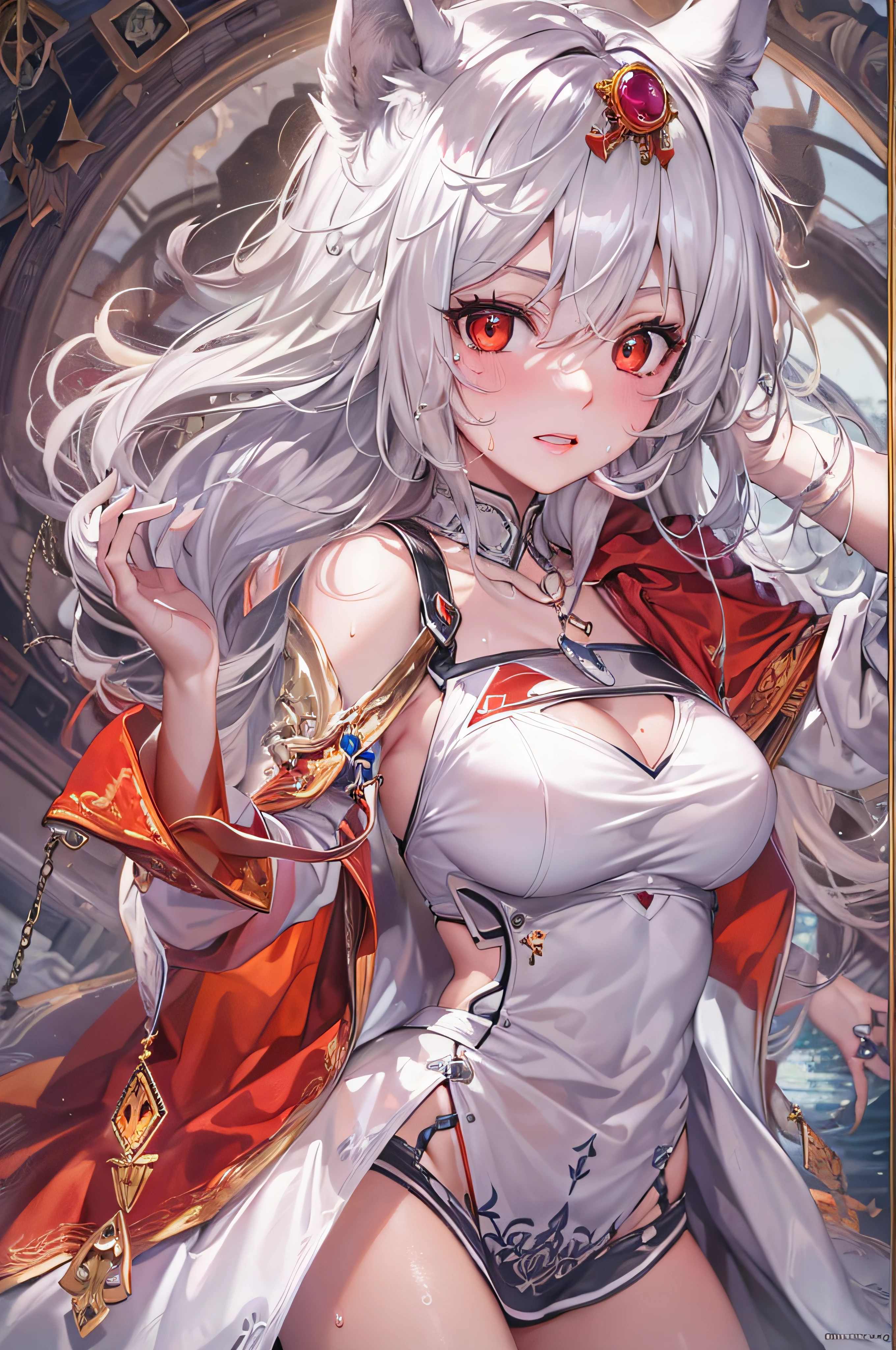 (masterpiece, top quality, best quality, official art, beautiful and aesthetic:1.2), (1girl:1.3), (fractal art:1.3),absurd, masterpiece, best quality, realistic, hyper-detailed, (shiny skin, sweaty:1.4), looking at viewer, slender, 1girl, solo, white sneakers, white miniskirt, long hair, twin tails, princess cut, white hair, red eyes, (thick thighs:0.5), dynamic lighting, high resolution, sharp focus, depth of field, medium breasts, side boob, wolf girl, animal, wolf ears, masterpiece, best quality, ultra-detailed, illustration, ultra-detailed face, best quality face, evil, 18 years old, adult, 1girl, 18 years old, white hair, alchemy outfit, intricate detailed outfit, sexy pose, glowing red dress, cute, kawaii, digital art, finely detailed eyes, blushing, red cheeks