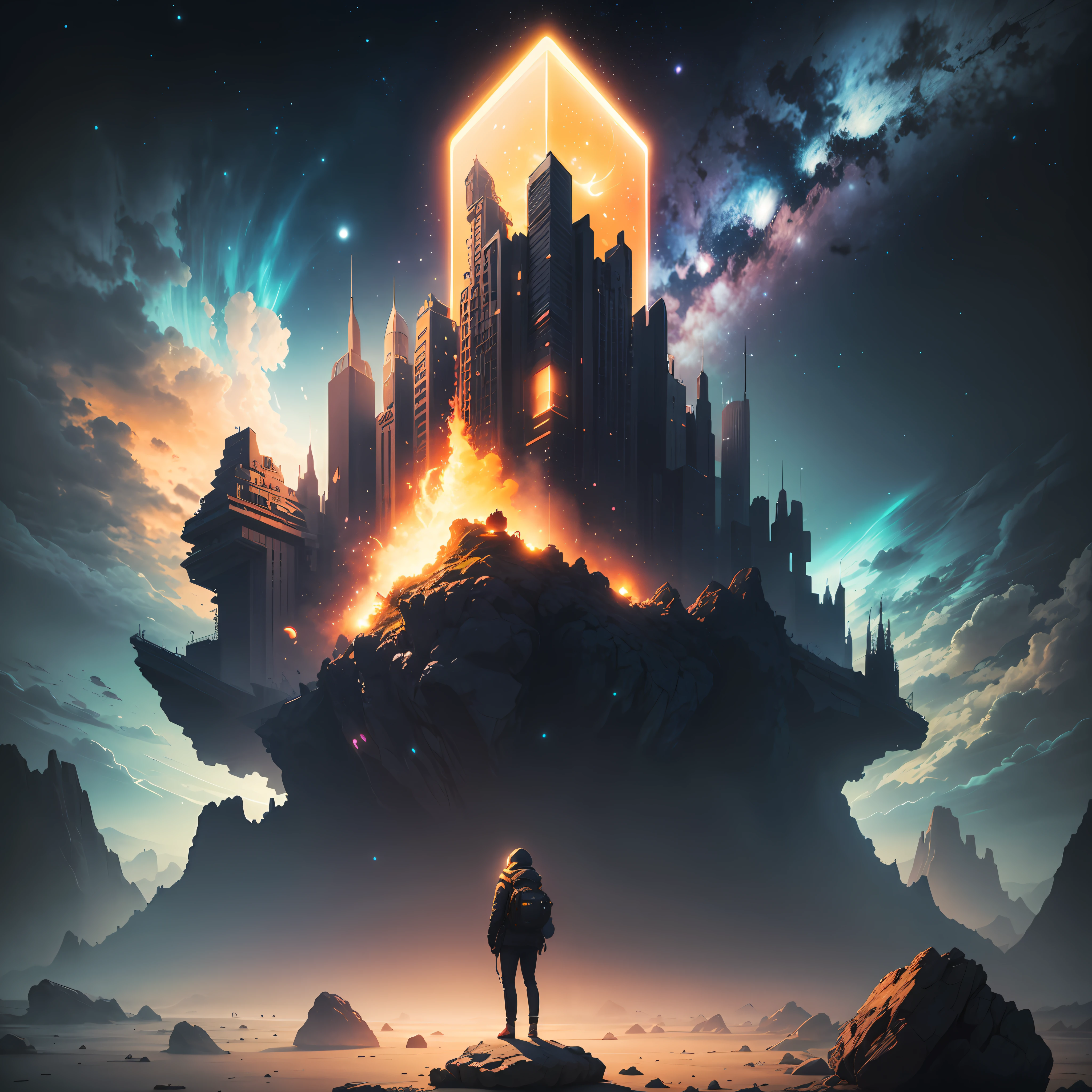 a close up of a person standing on a rock in the middle of a galaxy, inspired by Cyril Rolando, beeple artwork, beeple art, in style of cyril rolando, beeple masterpiece, beeple colors, artgem and beeple masterpiece, beautiful art uhd 4 k, by Mike "Beeple" Winkelmann --auto