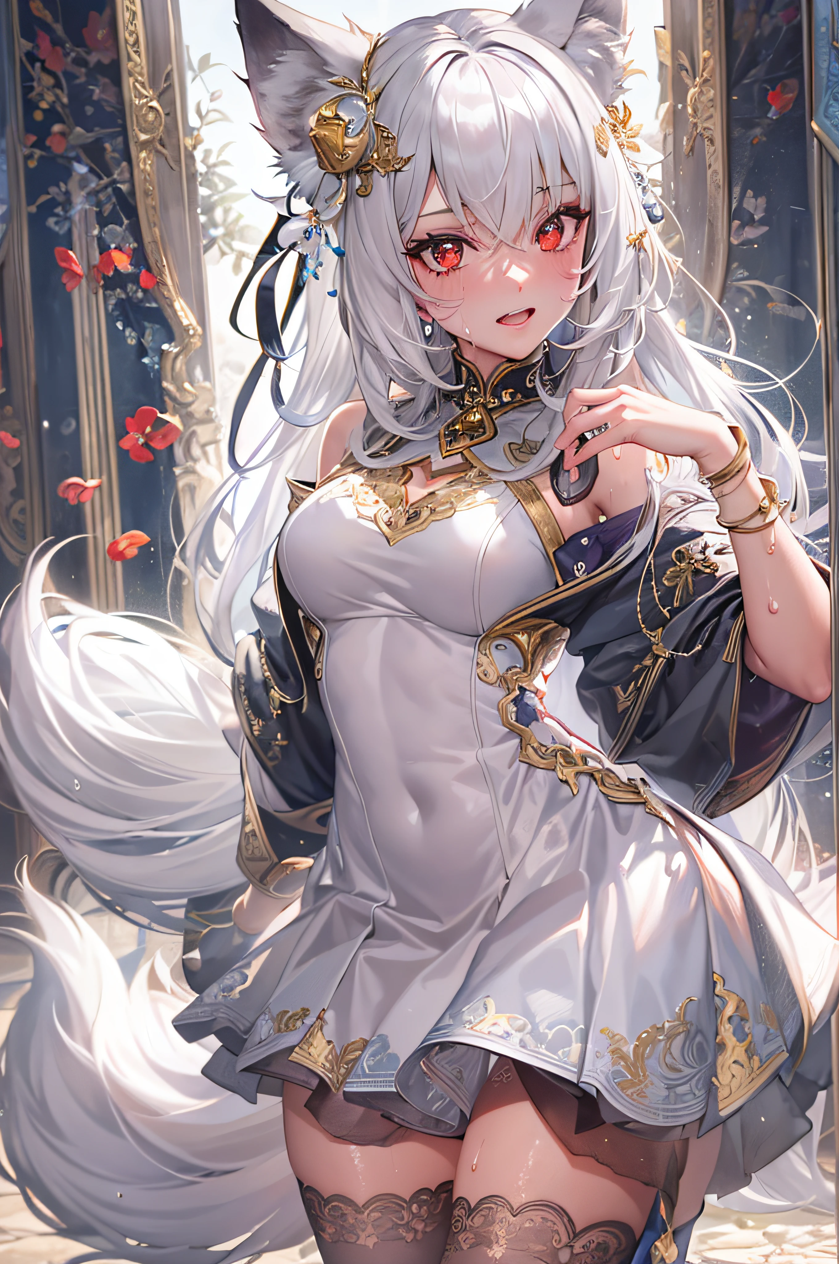 (masterpiece, top quality, best quality, official art, beautiful and aesthetic:1.2), (1girl:1.3), (fractal art:1.3),absurd, masterpiece, best quality, realistic, hyper-detailed, (shiny skin, sweaty:1.4), looking at viewer, slender, 1girl, solo, white sneakers, white miniskirt, long hair, twin tails, princess cut, white hair, red eyes, (thick thighs:0.5), dynamic lighting, high resolution, sharp focus, depth of field, medium breasts, side boob, wolf girl, animal, wolf ears, masterpiece, best quality, ultra-detailed, illustration, ultra-detailed face, best quality face, evil, 18 years old, adult, 1girl, 18 years old, white hair, alchemy outfit, intricate detailed outfit, sexy pose, glowing red dress, cute, kawaii, digital art, finely detailed eyes, blushing, red cheeks