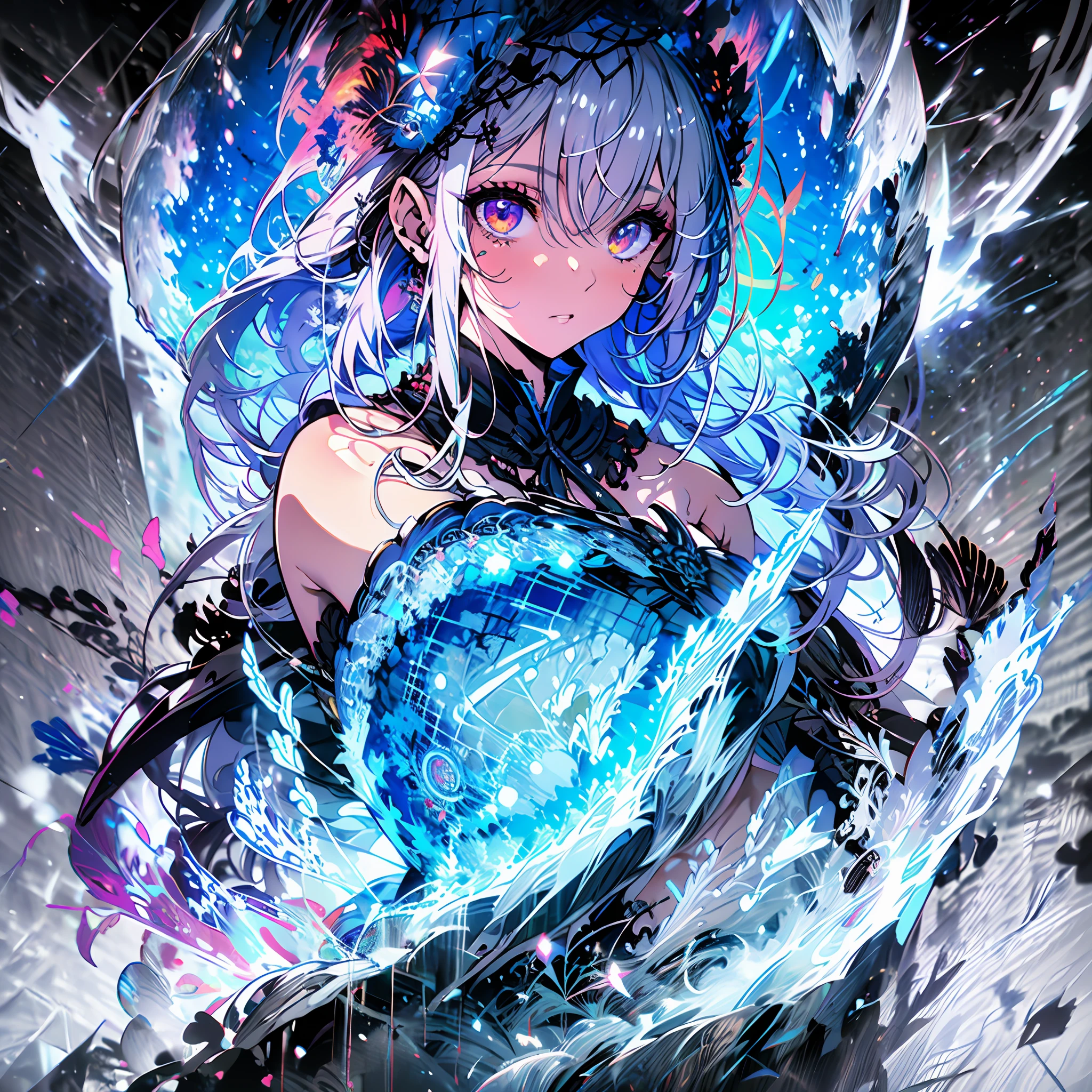 (absurdres, highres, ultra detailed),(Masterpiece, best quality:1.2), midjourney,1girl,solo, power of time,white hair,red and purple eye's,crack in reality, beautiful,time of cronos, wearing a white outfit, mythical power's, fantasy, highest quality digital art,highly detailed eyes,blue flames