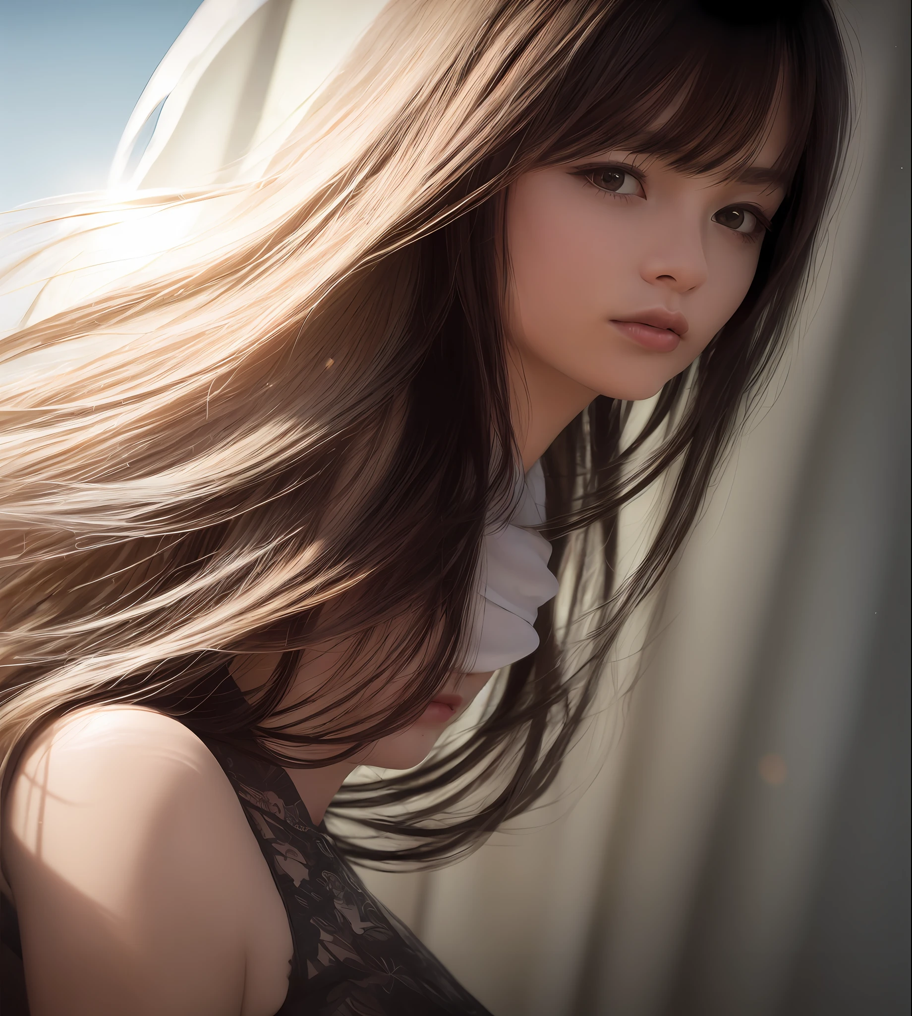 (RAW photo, best quality), (realistic, photo-realistic:1.3),best quality,highly detailed,masterpiece,ultra-detailed,illustration,1girl,upper_body,dynamic angle,world masterpiece theater,messy_long_hair,best quality,extremely detailed CG unity 8k wallpaper,ink,Amazing,cinematic lighting,lens_flare, dunhuang_style