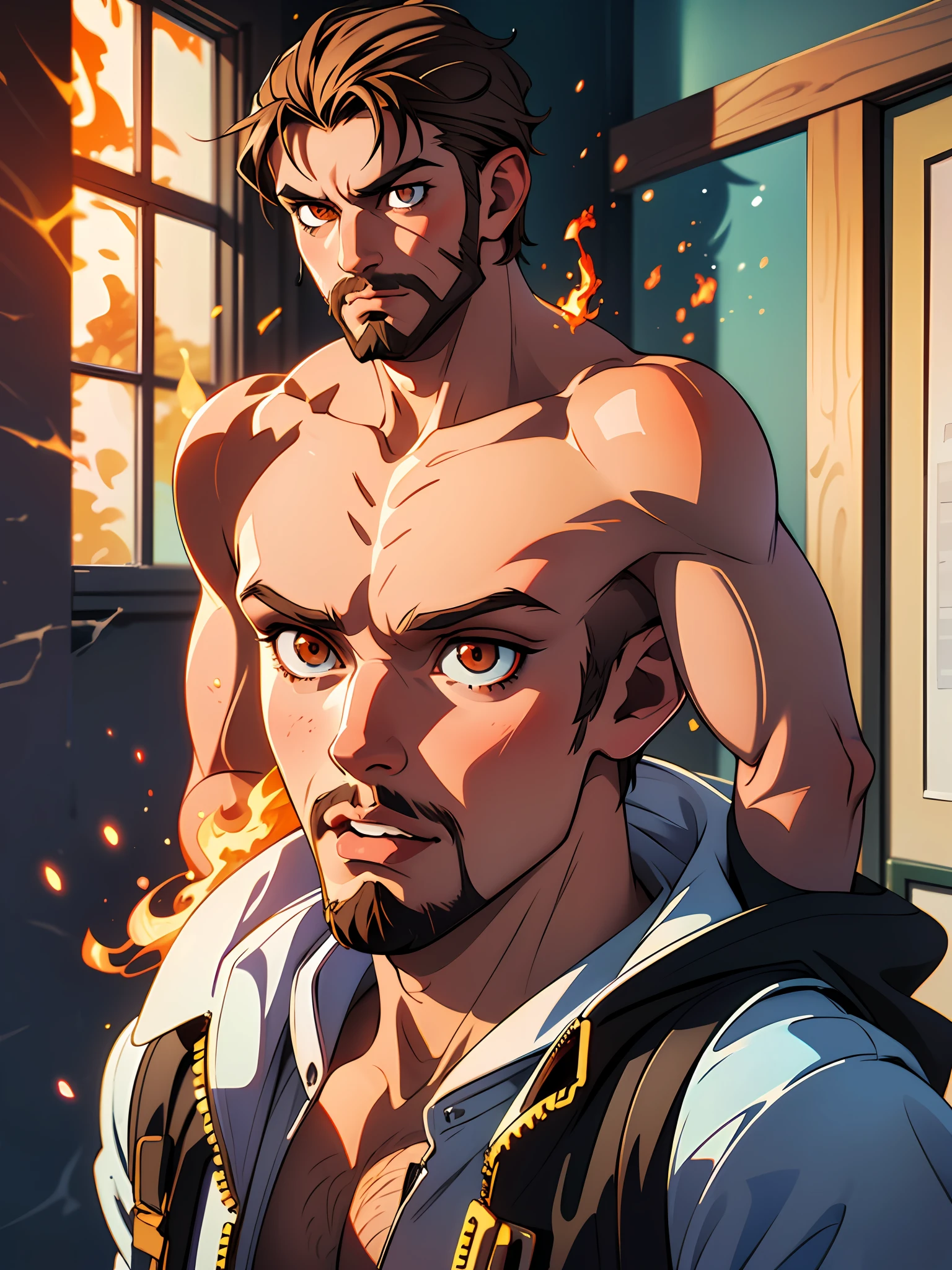 a 40 years old man in a castle, brown skin, (( flames , fire everywhere )) , shirtless, beefy, manly, rugged, short beard, short hair , 32 k, anime, (( highly detailed eyes, golden eyes )), looking to camera, lust , highlights, lens flare --auto --s2