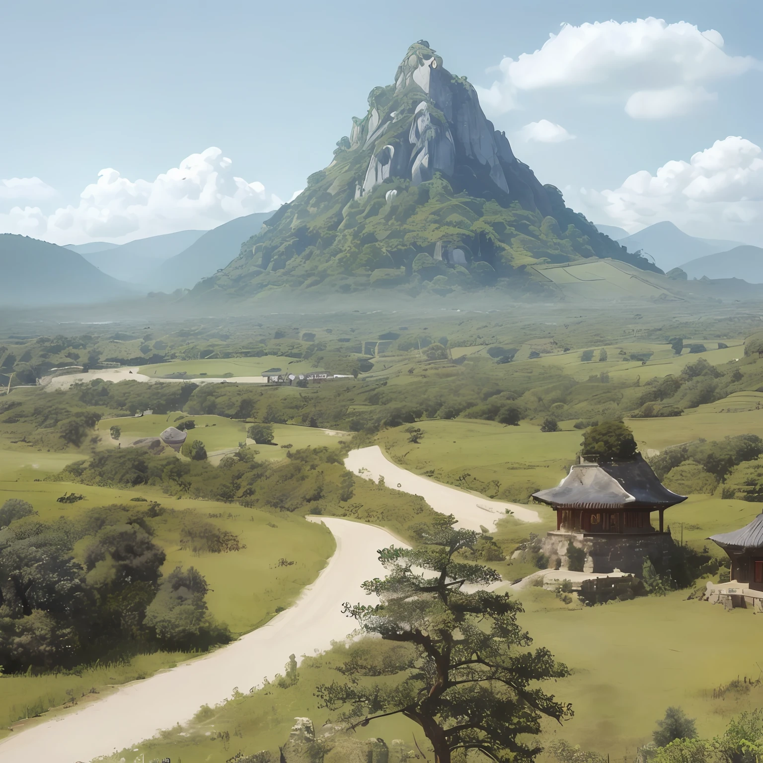 A picture of a natural landscape with all five elements,It contains armor(towering trees),Pentu(Towering mountains),Decoction,Ding Huo,Gengkin。 --auto