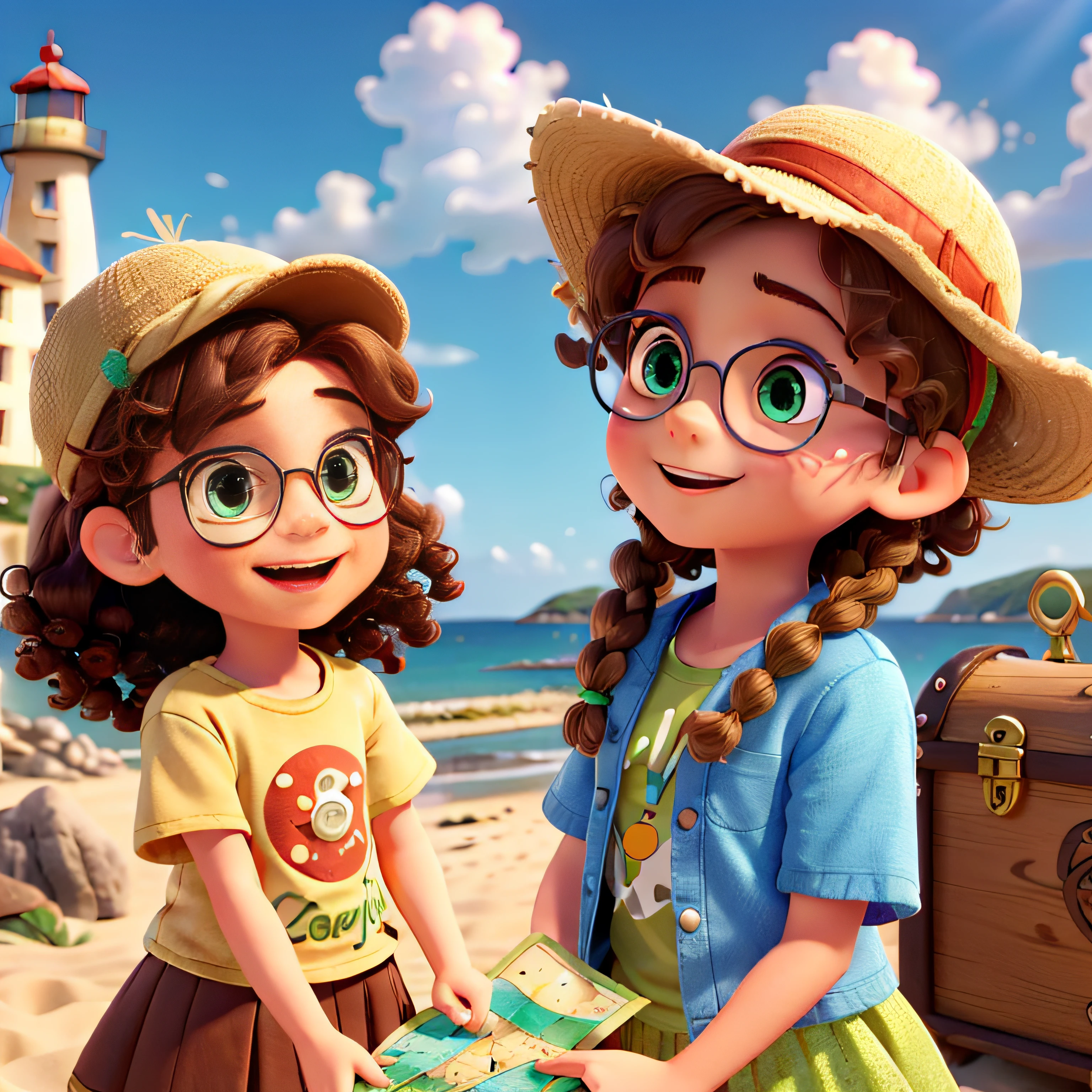 A boy with brown hair and a red cap; smiling; holding a treasure map; A girl with blonde braids; wearing a blue dress; is looking at the map with a curious look.
A little boy with spiky hair; wearing a green T-shirt; holding a treasure chest; is jumping excitedly.
A little girl with curly hair; wearing glasses; wearing a colorful skirt; is holding a binocular; pointing to a majestic lighthouse in the background.
In the background environment, there is a beach; with golden sand; the shining sea; sunny day; a clear blue sky.