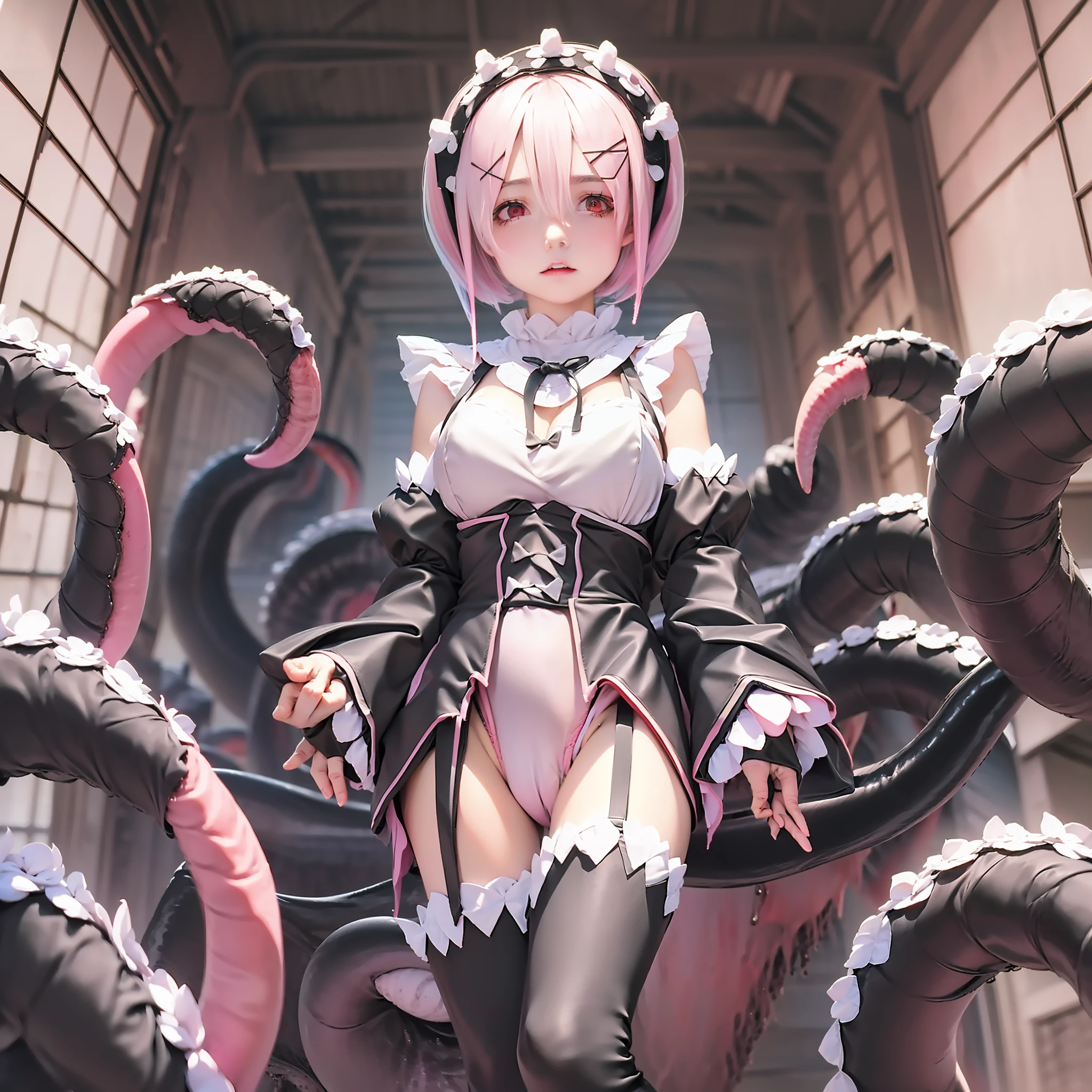 ​masterpiece, top-quality, Hi-Res, (((Ram))), (((Ram(Re:Life in another world starting from scratch)))),  ((((((Evil Fall)))))),(((((((Creatureization))))))), (((((Parasitized))))),(((((tentacle clothes))))), ((((((Leotard))))), ((((Futanari )))), (Hollow eyes), (((Colossal tits))), (((neck tie))), (((((1girl in))))), (((((独奏))))), (((Standing picture))),(((((A pink-haired))))), white thighhig, (((short-hair))), red eyes, Hair above one eye, ((frilld)), ((garter strap)),full-body view, Expressionless evil,(((Parasitic tentacles))),(((Tentacle))),((( Penis under clothes)))