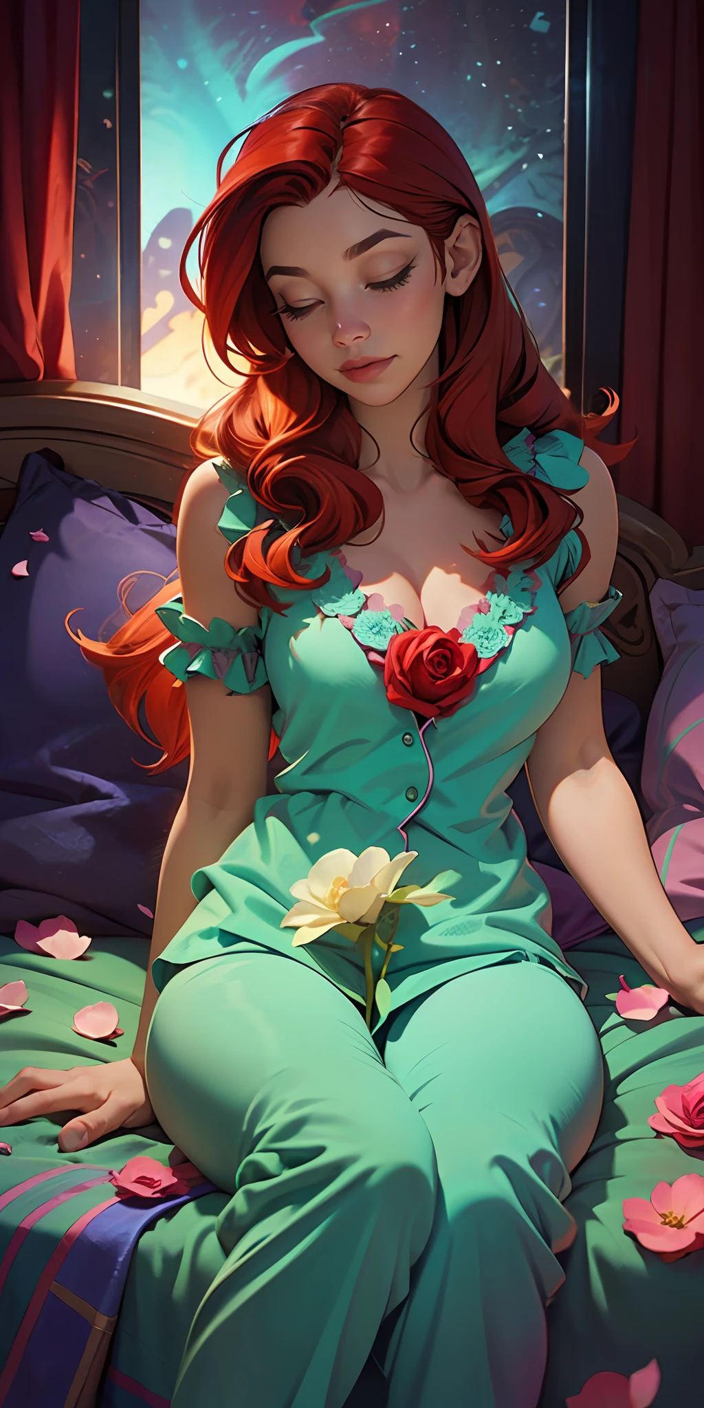 The Sleeping Woman, Realistic, She is dressed in pajamas, red hair color, parallax, Ultra Hyper Mega Contrast, sleeps on a chic bed, covered with rose petals, tmasterpiece, Winner of the photo contest, Beautiful lighting, Bioluminescent pollen in the air, Aestheticism, perfectionism, luminism,