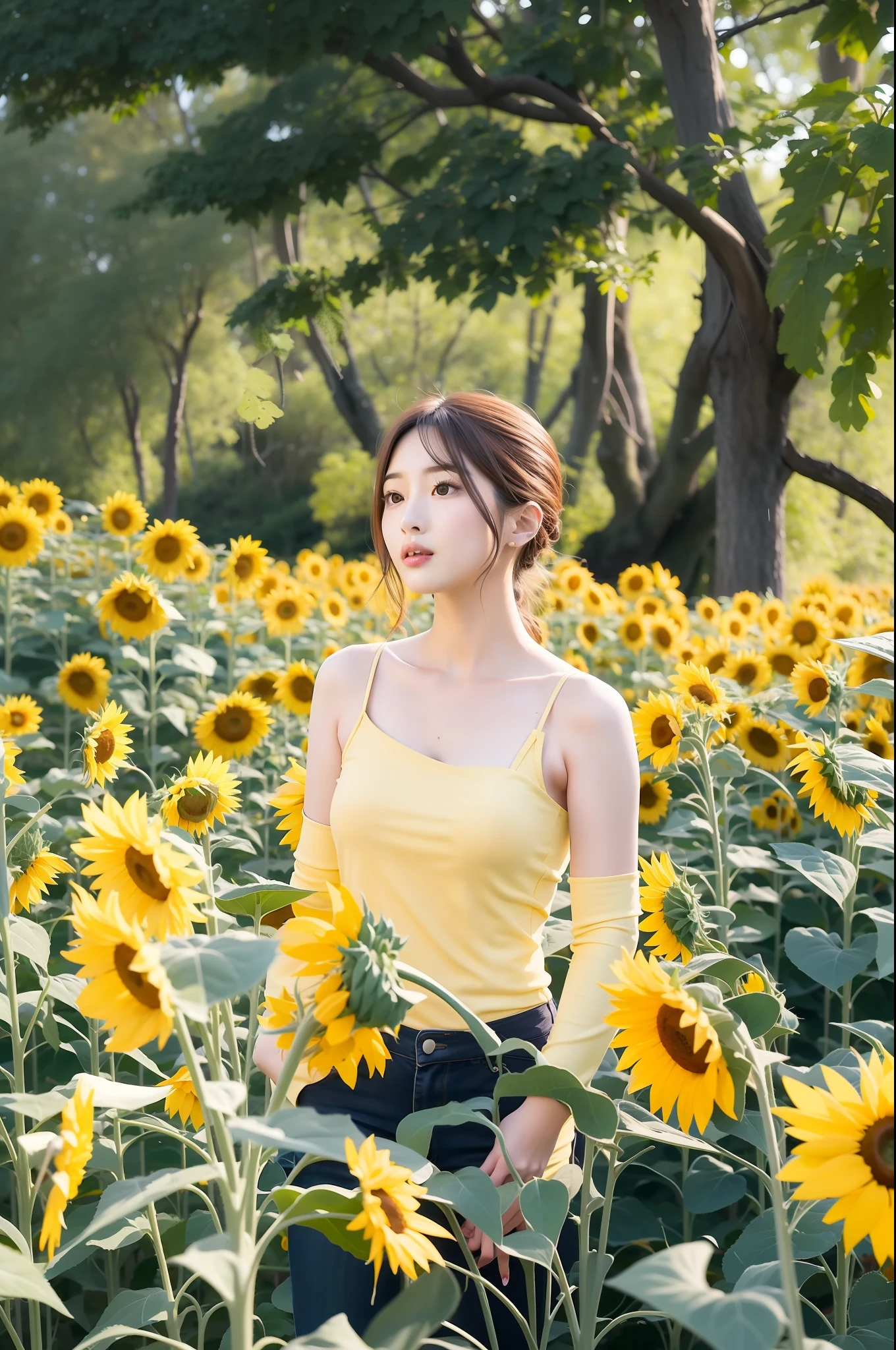 there is a woman standing in a field of sunflowers, sunflowers in the background, scene: Sunflower field, scene : Sunflower field, bae suzy, standing in flower field, standing in flower field, sun yunjoo, beautiful sunflower anime girl, Choi Hyun-hwa, colours: yellow sunflowers, colours : yellow sunflowers, Sunflower field, jaeyeon nam