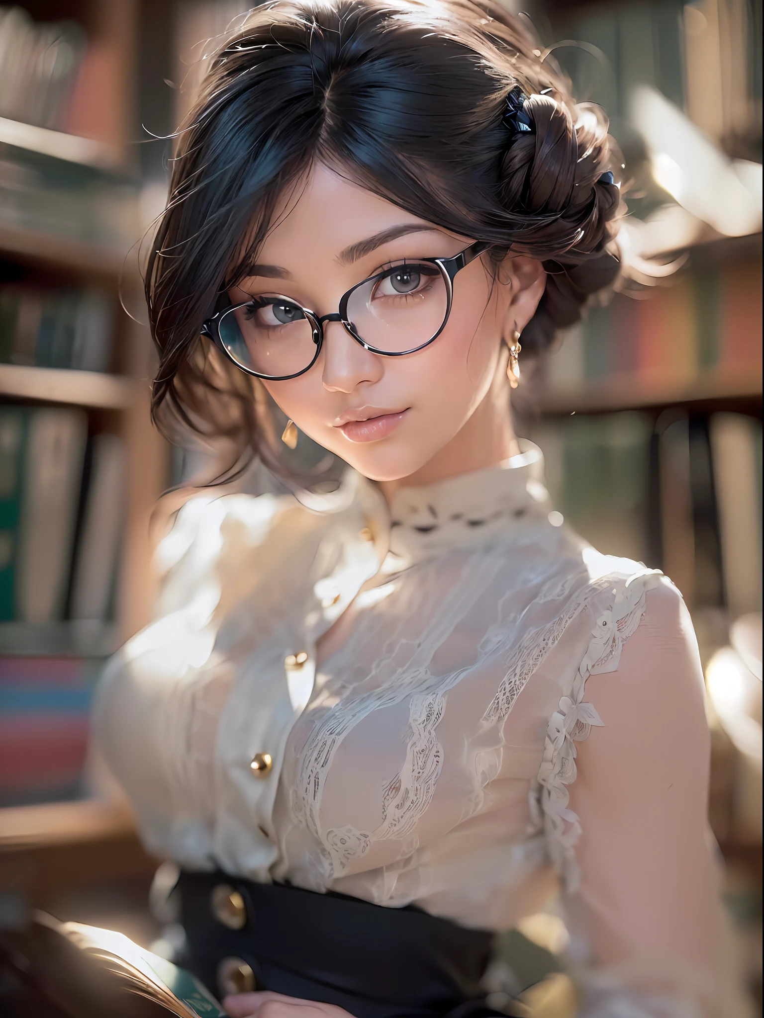 (masterpiece, high resolution, photo-realistic:1.4), (a perfect portrait of a woman with luscious black hair elegantly tied in a bun:1.3), (bright and sparkling light-colored eyes that exude warmth and charm:1.2), (a flawless nose, symmetric and refined eyebrows:1.2), (a perfect and alluring mouth with full lips:1.2), (her face adorned with delicate features:1.2), (wearing stylish eyeglasses that add to her charm:1.2), (golden earrings glistening with elegance:1.1), (dressed in a white button-down shirt with two buttons open, revealing a tasteful neckline:1.2), (her body sculpted to perfection, displaying alluring curves:1.3), (the setting of the photo is a library table adorned with scattered books:1.2), (bathed in natural sunlight streaming through the windows:1.2), (Canon EOS R6 mirrorless camera:1.2), (paired with a Canon RF 85mm f/1.2L USM lens:1.2), (capturing every exquisite detail with precision:1.2), (her radiant smile adding a touch of warmth to the scene:1.2), (a captivating portrait of an enchanting woman in the ambiance of a library:1.1).