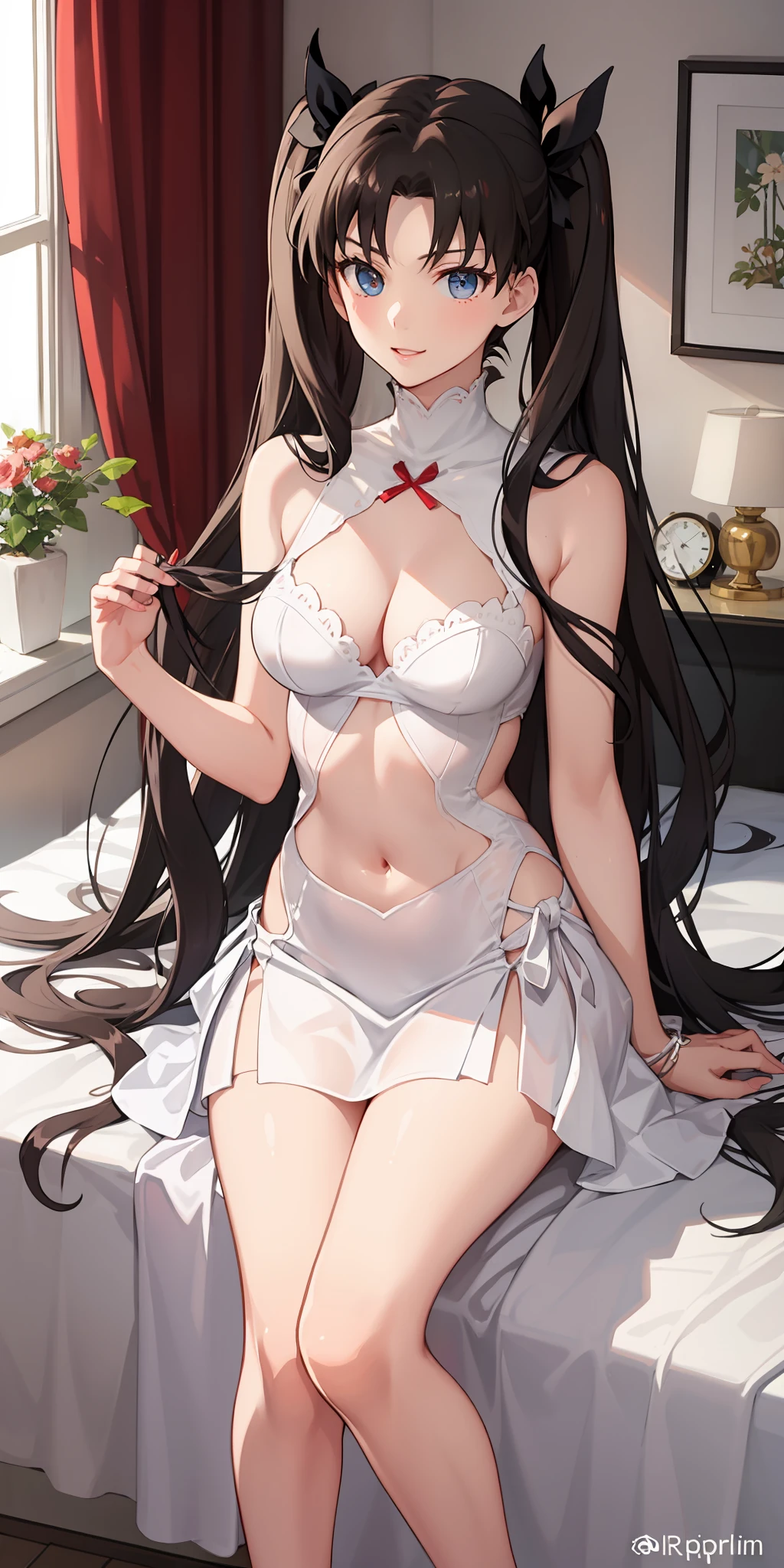 long hair, black hair, medium breast, slim legs, happy, white gown, cleavage, bedroom, skirt, rin tohsaka, twin tail, navel