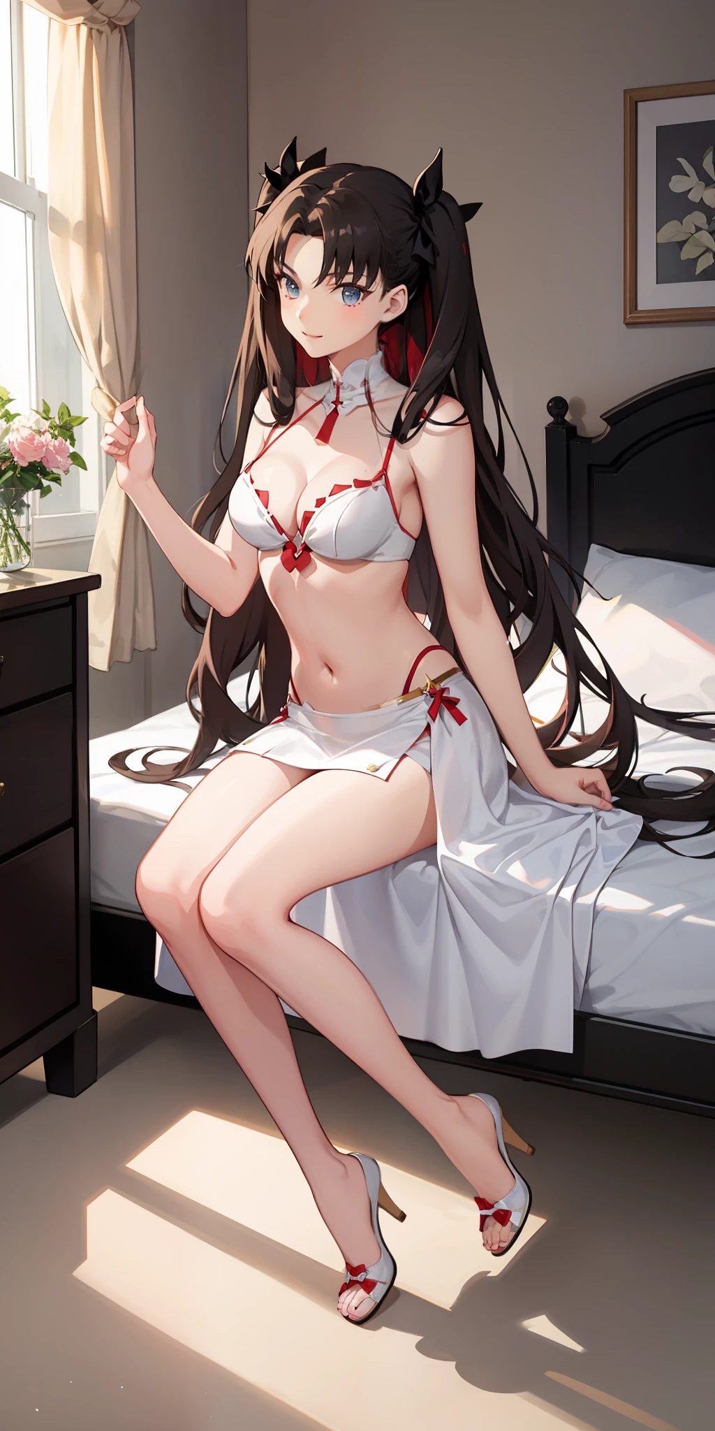 long hair, black hair, medium breast, slim legs, happy, white gown, cleavage, bedroom, skirt, rin tohsaka, twin tail, navel