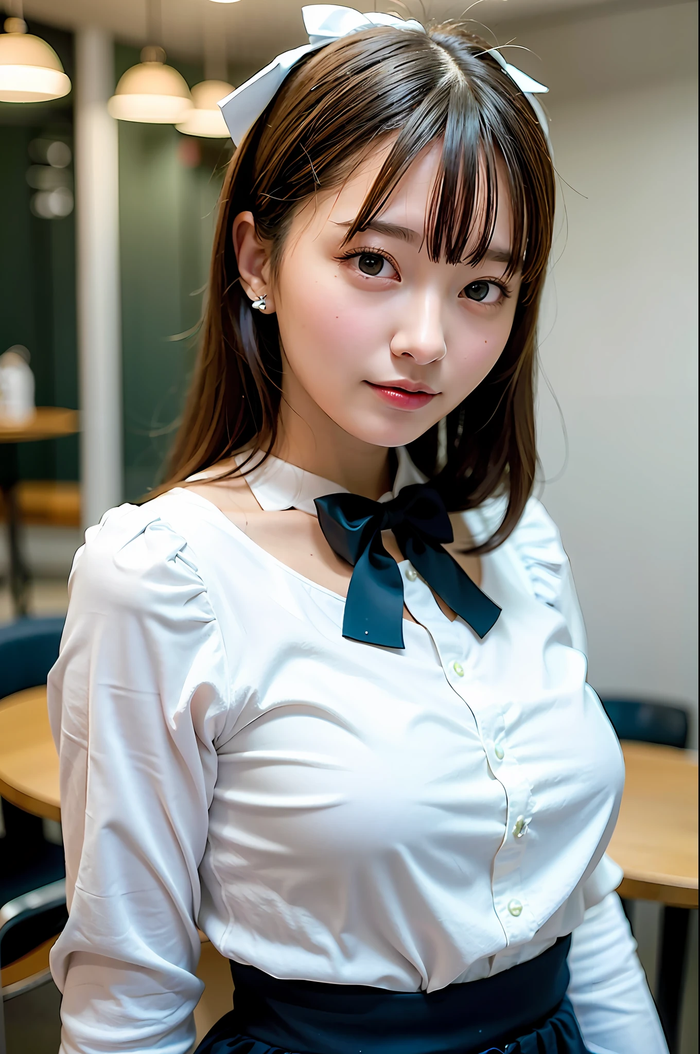 Top Quality, Ultra High Definition, (Photorealistic: 1.4), 1 girl, white blouse, blue skirt, bow tie, (faded ash-gray hair: 1), (Normal breasts: 1), Watch viewer, Cafe
