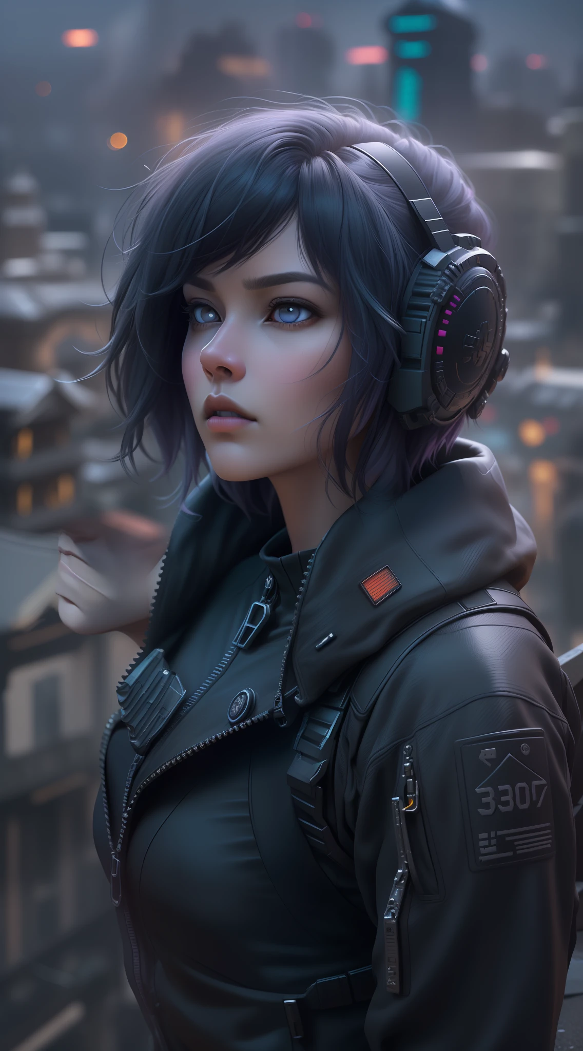 (perfect face high Portrait by Motoko Kusanagi from the movie Ghost in the shell, standing on the edge of the roof. Endless futuristic city in the background. ((Dressed in a black and gray special forces suit with a bulletproof vest)) A sporty woman with short purple hair on the back of her head and very long at the temples. vibrant, realistic, stunning realistic photograph, 3d render, octane render, intricately detailed, cinematic, trending on artstation, perfect eyes. Isometric, Centered hipereallistic cover photo, awesome full color, hand drawn, dark, gritty, mucha, klimt, erte 12k, high definition, cinematic, neoprene, behance contest winner, portrait featured on unsplash, stylized digital art, smooth, ultra high definition, 8k, unreal engine 5, ultra sharp focus, intricate artwork masterpiece, ominous, TanvirTamim, trending on artstation, by artgerm, h. r. giger and beksinski, highly detailed,