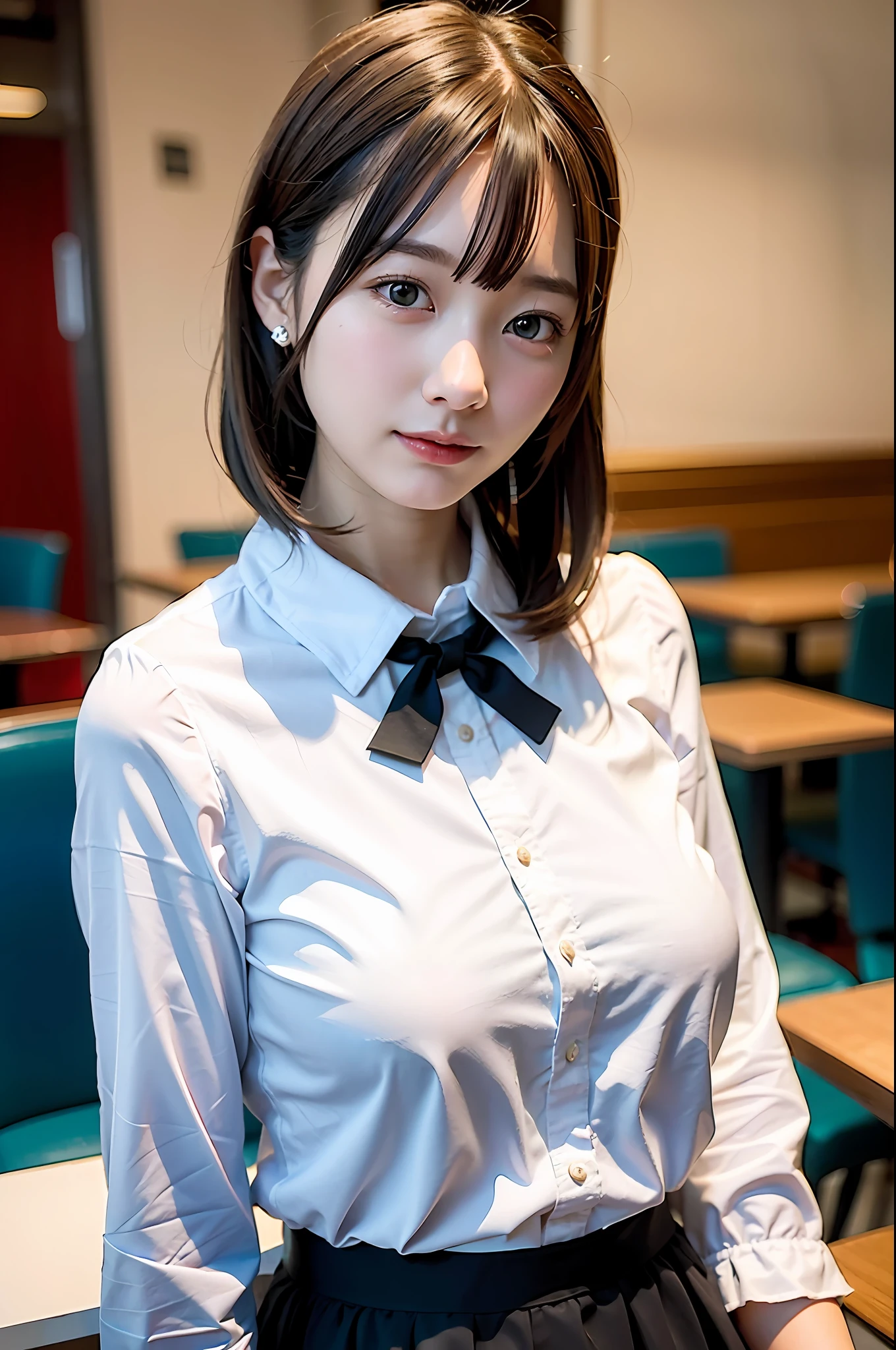 Top Quality, Ultra High Definition, (Photorealistic: 1.4), 1 girl, white blouse, blue skirt, bow tie, (faded ash-gray hair: 1), (Normal breasts: 1), Watch viewer, Cafe