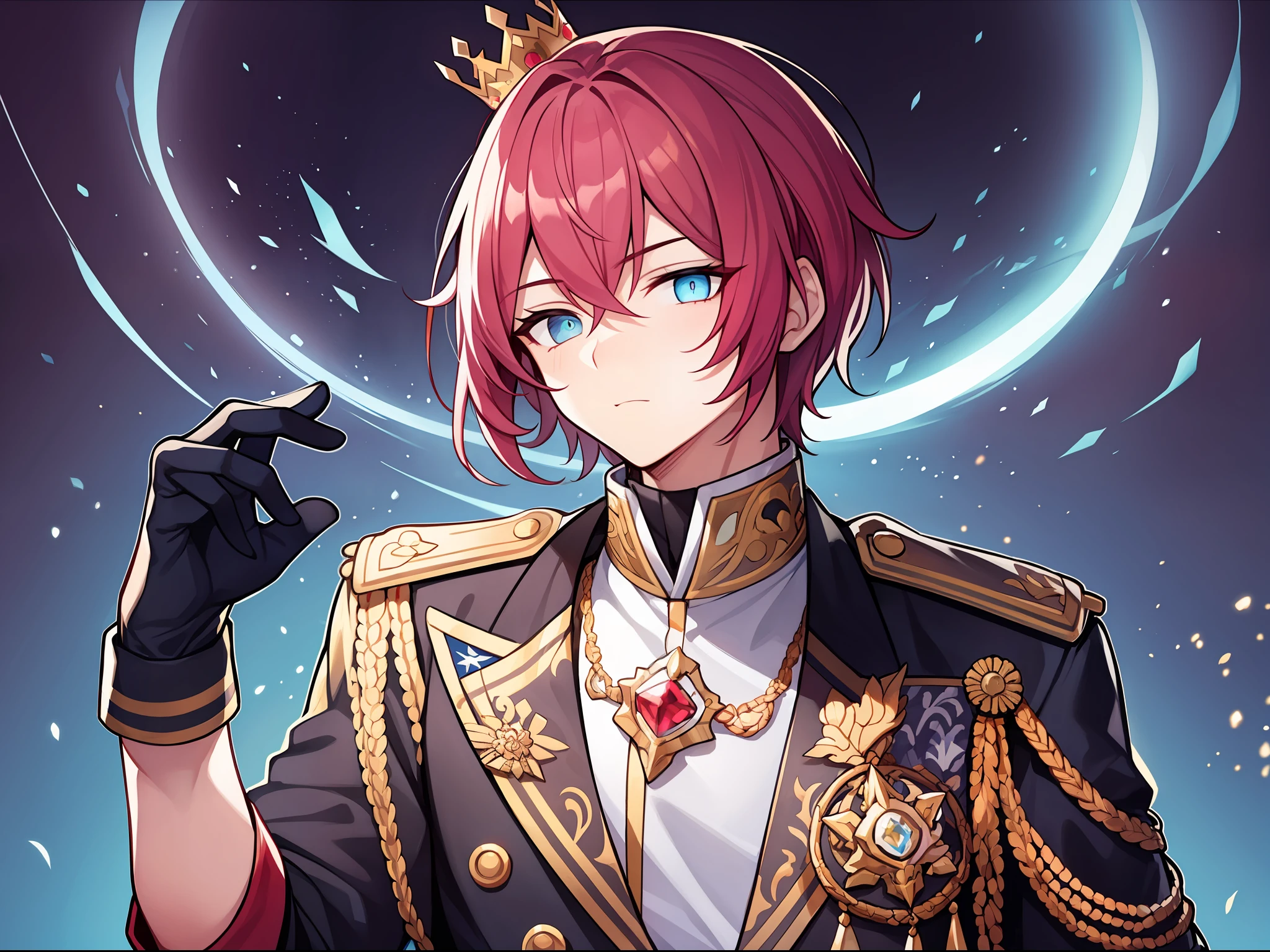 top-quality、dark backgrounds、Red-haired young idol young man in white military uniform with red small crown、tall、独奏、Cool Men、Skinny handsome man、Healthy sexiness、Asymmetrical oblique hairstyle,Surrounded by pale blue round multiple lights、Wrap the light with your hand、Wistful gaze、Prone to downcast eyes、Green eyes、dark backgrounds、Backgrounds with depth、Fantastical、Details you may miss when flashing