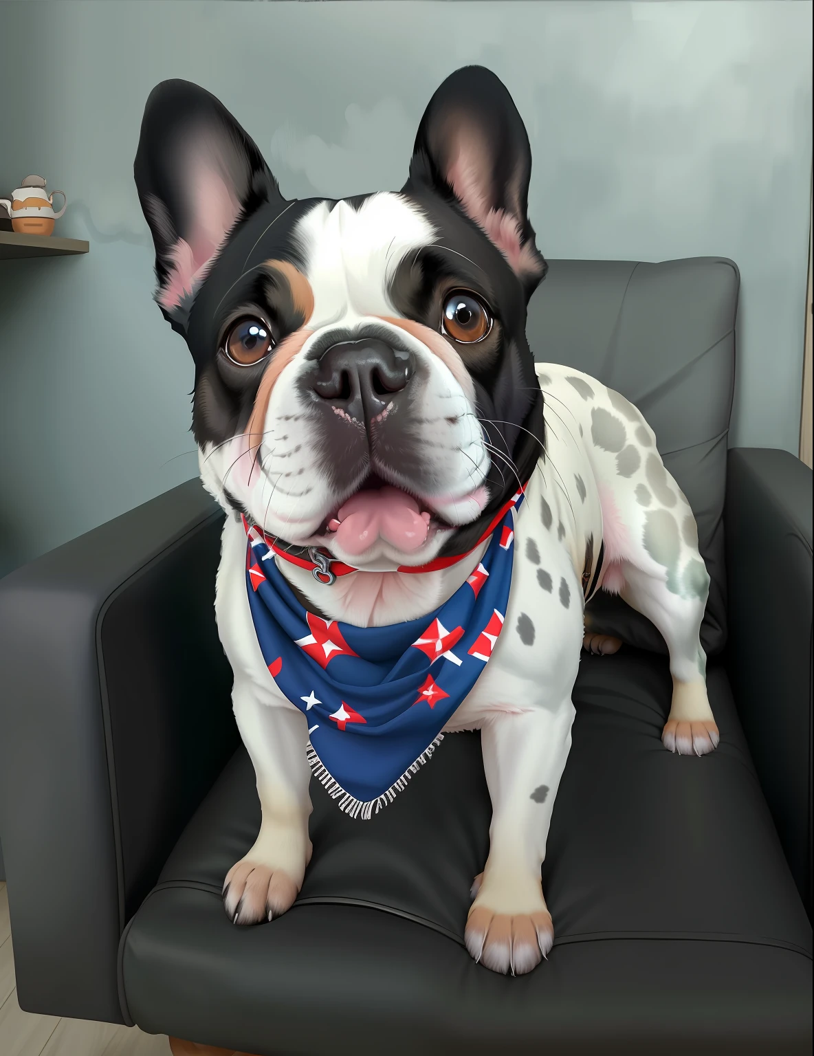 There is a small dog sitting in a chair with a bandana around his neck, french bulldog, branco com manchas marrons de chocolate, branco com manchas pretas, um bonito, winking at the camera, Looking towards the camera, extremamente bonito, smiling at camera, super cute and friendly, happily smiling at the camera, muito bonito, bandana, orgulhoso olhando para longe