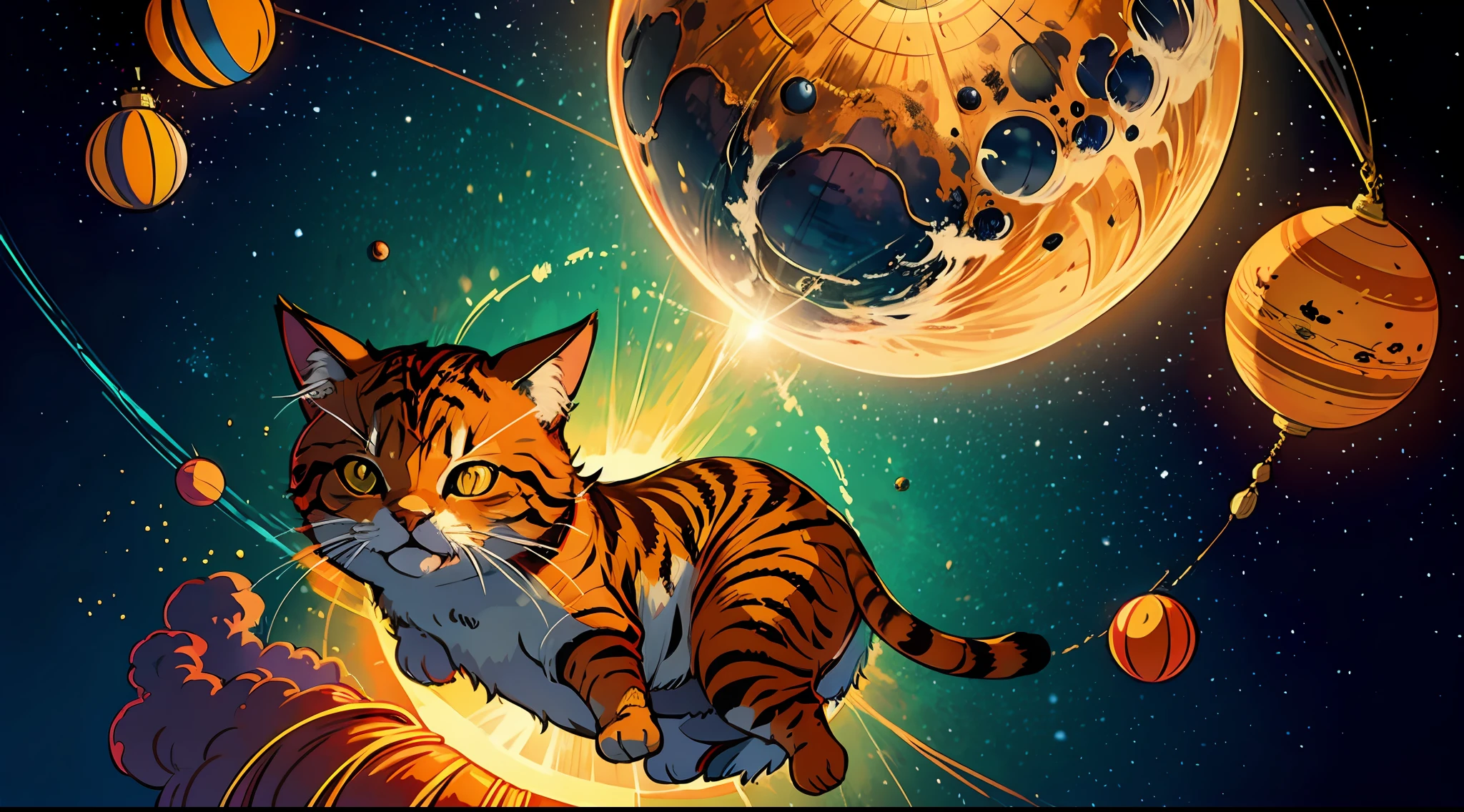 A graphic illustration of a simple depiction of the solar system with a glowing orange cat representingthe sun, the planets are stylized yarn balls,  8k, 16k