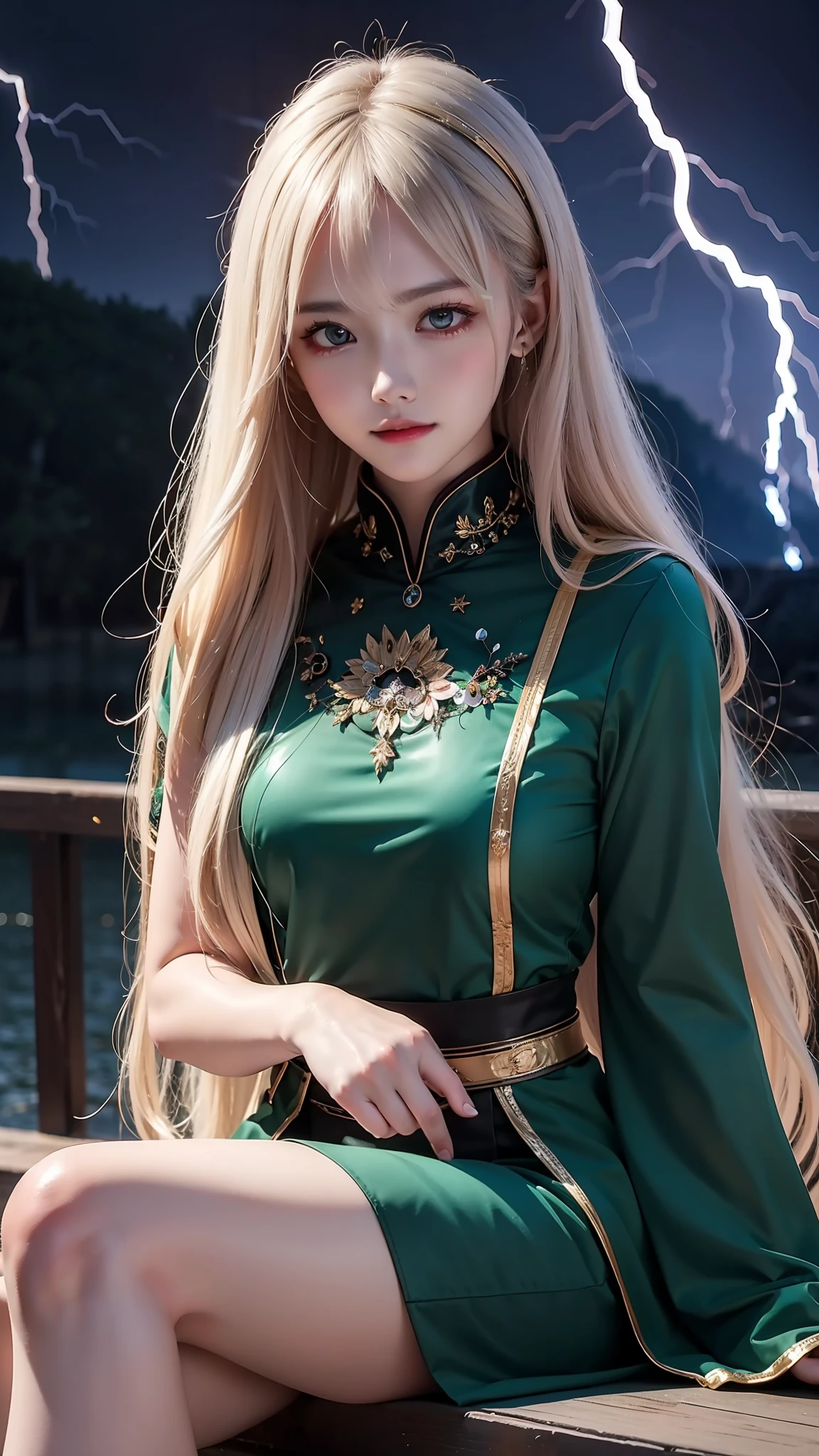 8K ultra hd, Masterpiece, beautiful cute girl, cute face, detailed eyes, medium breathe, dark green cloth, shinning clothes, aura
effect, sitting, upper body capture, dim lightning, magical background,