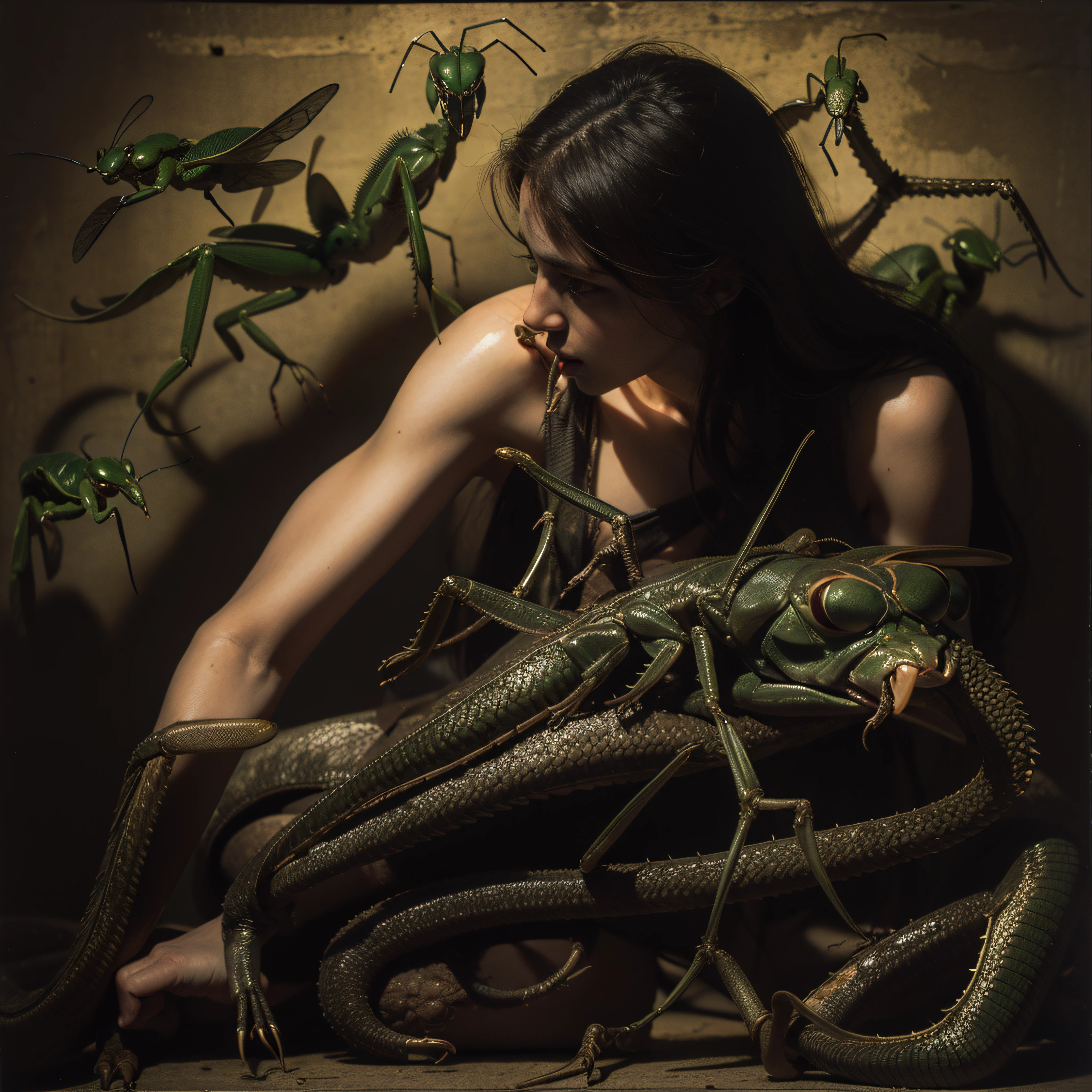 "((Obra maestra))(The best lighting, alto contraste, oscuro, dramatic, Acabado fotorrealista),(manchas y desperfectos como de daguerrotipo).(mujer con brazos de mantis religiosa, insecto, monja, enfado),(Baphometh saca la lengua), viejos, lobos, gusanos, lombrices, Serpientes. Luz Caravaggio"