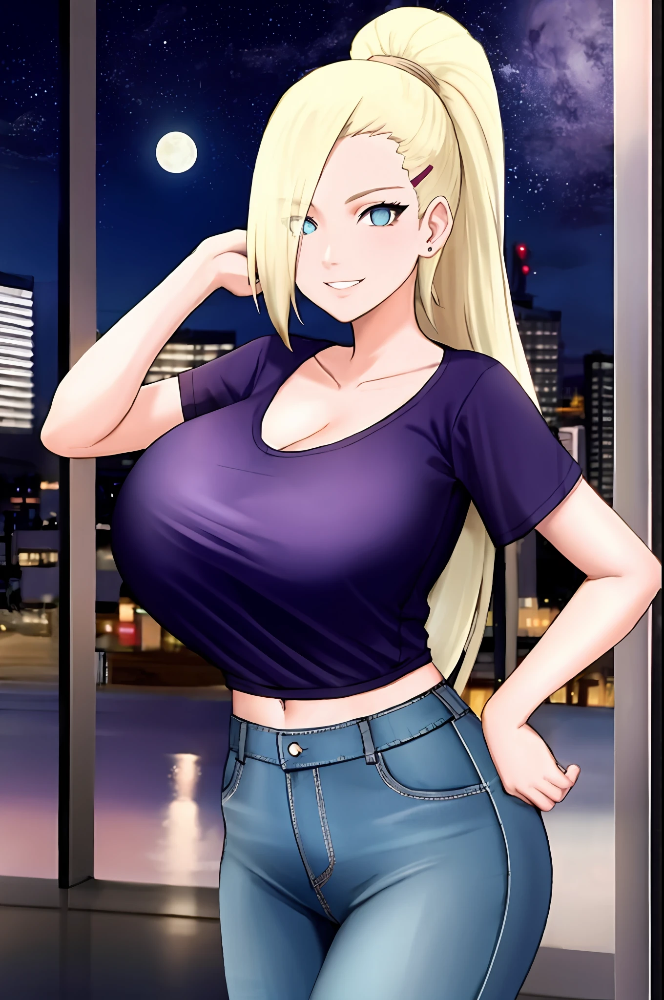 Ino, smiling, beautiful background, looking at viewer, masterpiece, big boobs, hot, sexy, cleavage, beautiful city, night, moon, stars, blue t-shirt, jeans