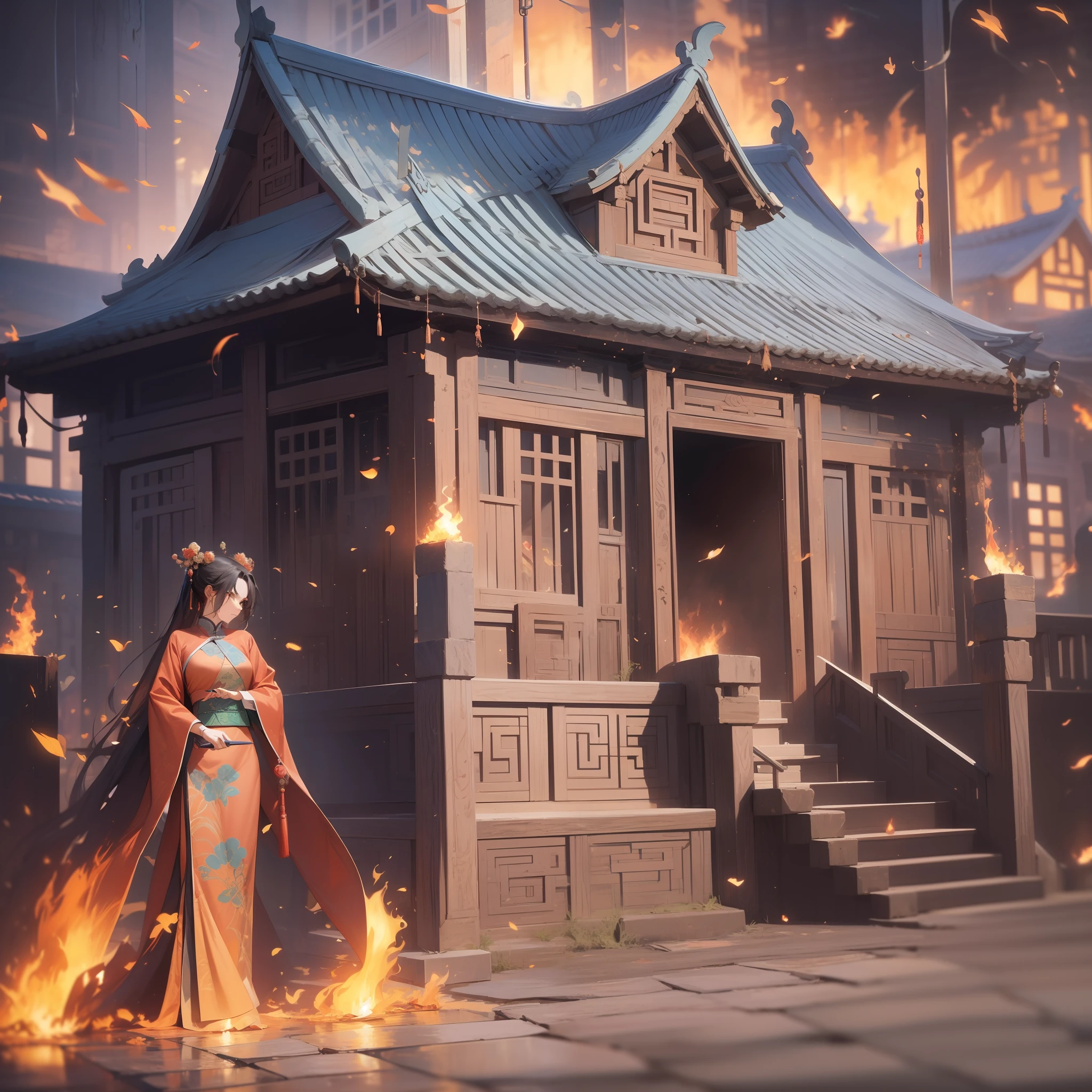 Ancient architecture of the Tang Dynasty in China，A woman is trapped in a house on fire，houses on fire，the fire，burning houses，4K，Masterpiece of the best quality，High quality High resolution
