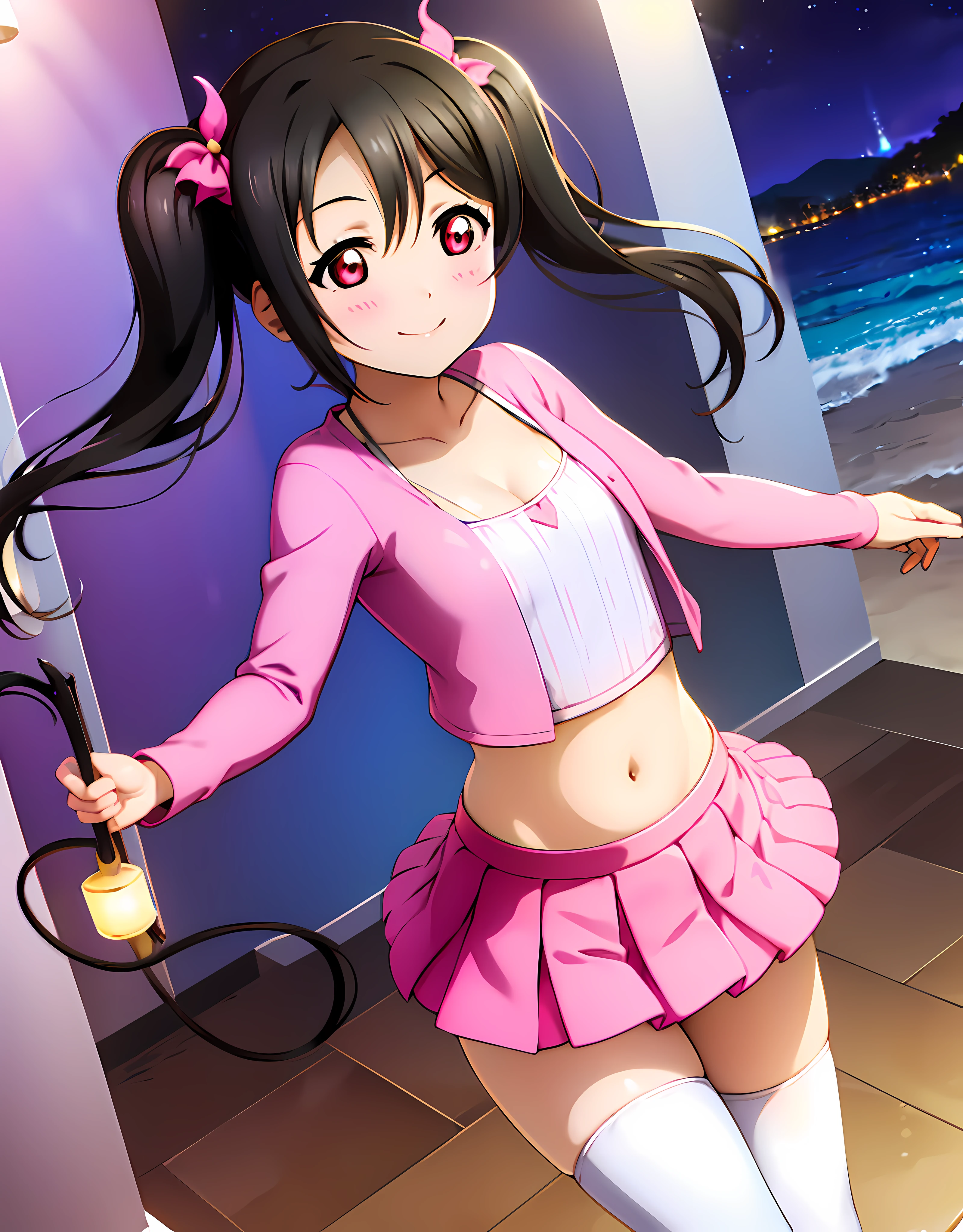 1 girl wearing black shirt, cleavage, small breasts, midriff, short pink skirt, pink thighhighs,pink arm sleeves, red eyes, twintails, beach, night, ((solo)), medium hair, yazawa nico, black hair, standing, Blushing, succubus, succubus wings and tail), cleavage, midriff, large breasts, smile, looking at viewer, arms behind, looking at viewer