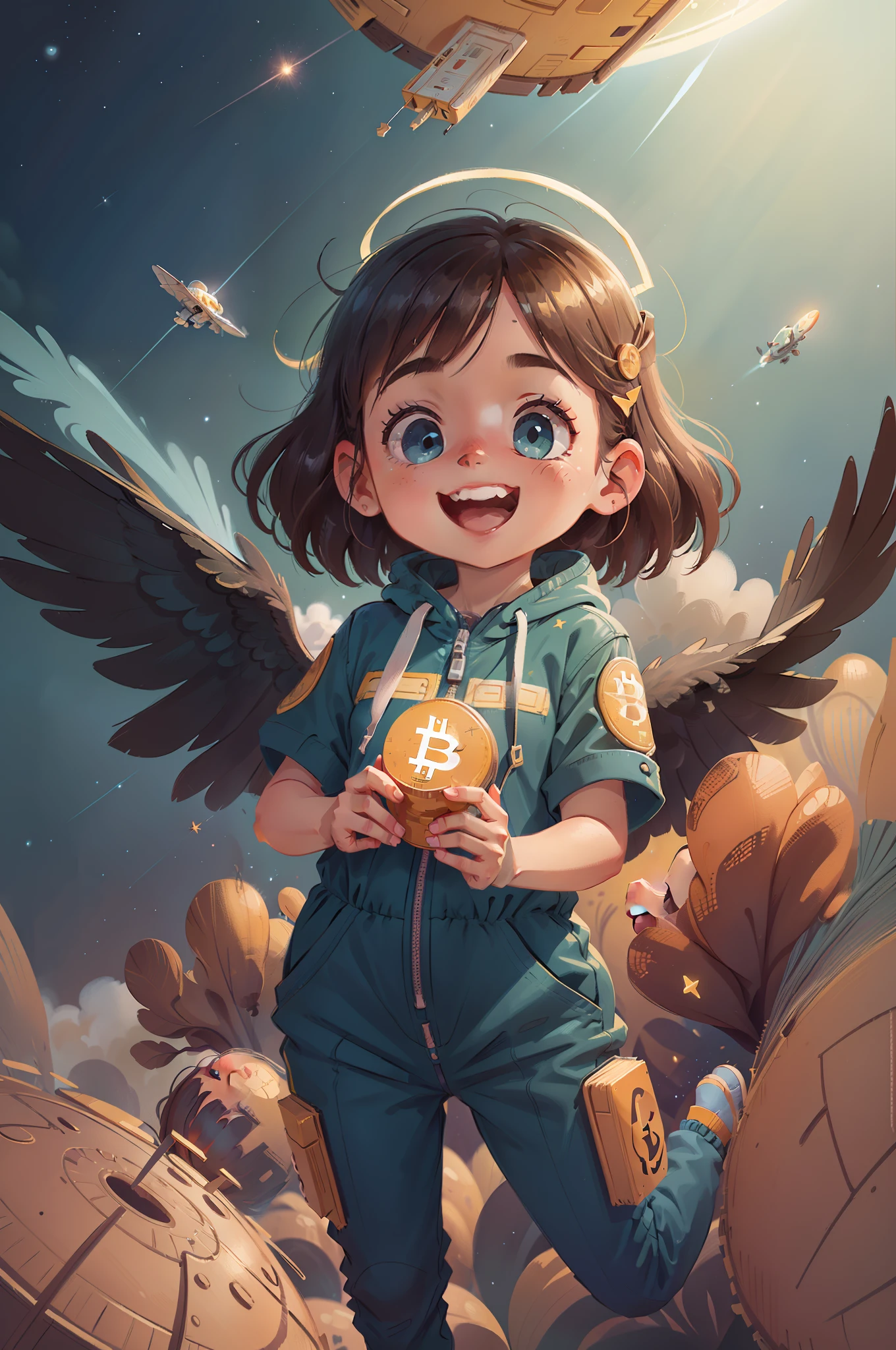 A happy 5-year-old floating in space and bitcoin airdroping, surrounded by bright bitcoins. She is wearing a blue jumpsuit and has wide eyes with admiration. Bright bitcois, flying through space, Halo of light, long shot, (detailed face), (8k illustration), (detailed), (outer space), (bright stars)
