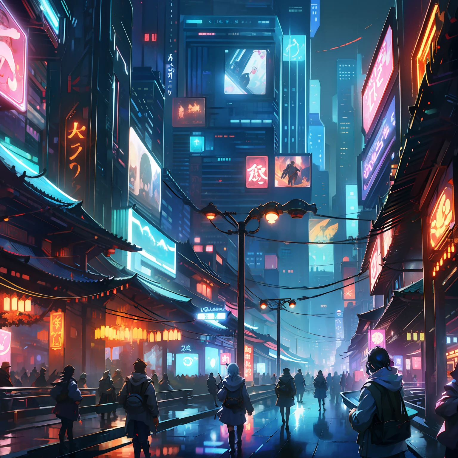 Technologically sensed city,darkly,flashing,People come and go to the city, animation, technology cultivation