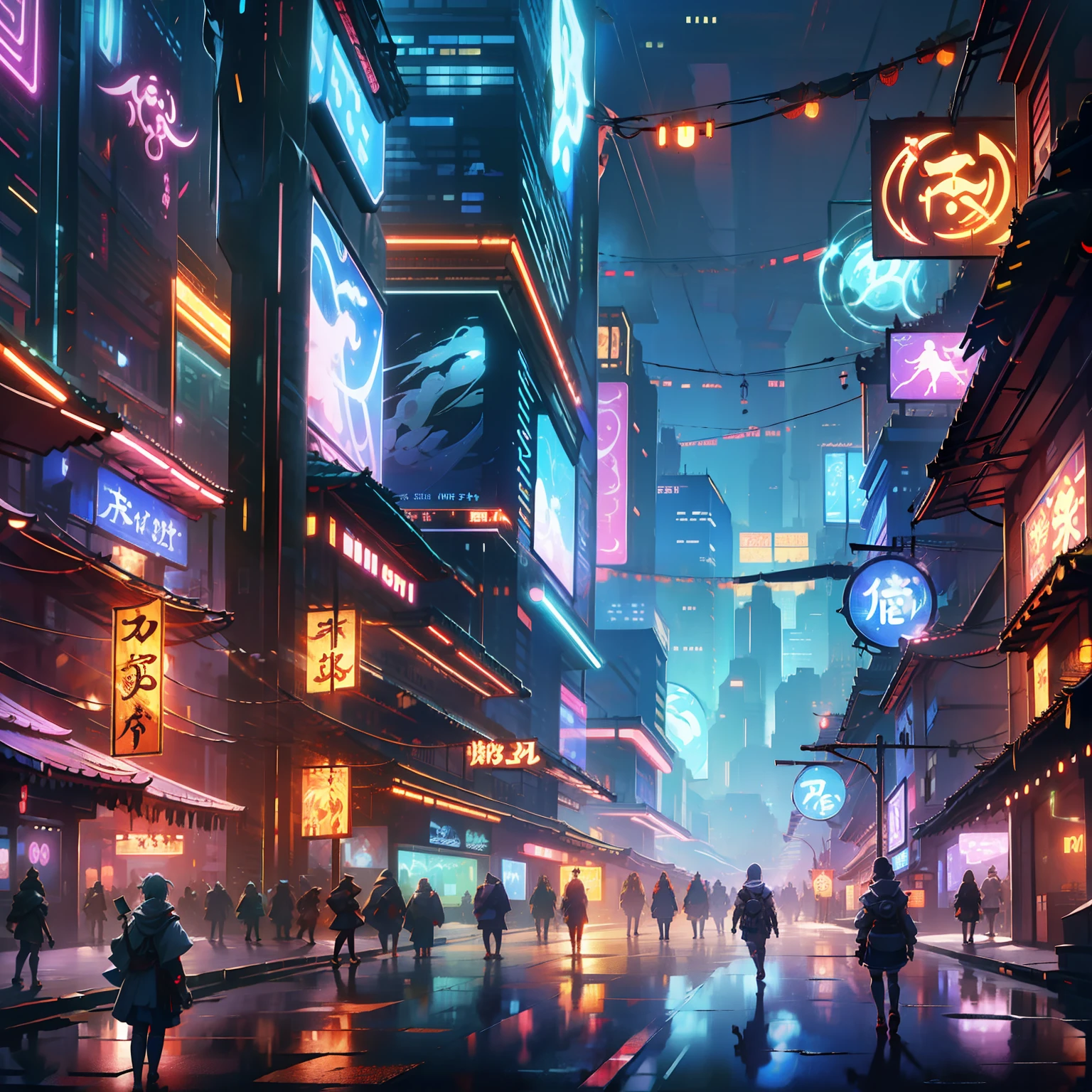 Technologically sensed city,darkly,flashing,People come and go to the city, animation, technology cultivation