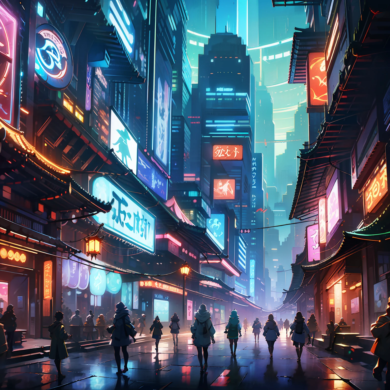 Technologically sensed city,darkly,flashing，People come and go to the city, animation, technology cultivation