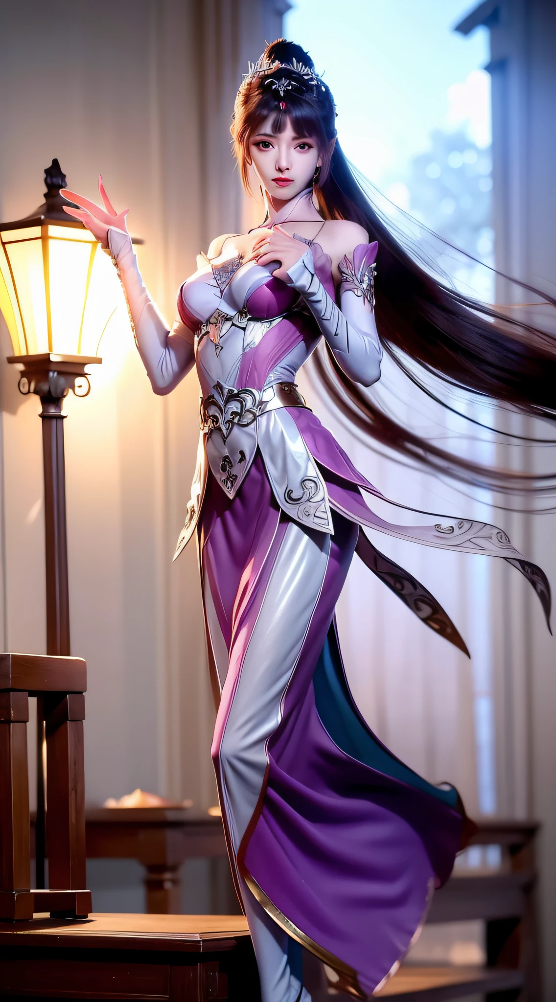 Superb Beauty, Masterpiece, High Resolution, (Exquisite Body: 1.5), Beauty, Extra Large Breasts (2.5) Wide Buttocks, Thin Waist, Stunning Beauty, (Milky Skin: 1.3), Exquisite Details, High Resolution, Wallpaper, 1 Female, Solo, Dress, Hair Accessories, (((Golden Purple Skirt)) ), Flower, Long Hair, Brown Hair, Shut Up, Accessories, Long Sleeves, Raised Hands, Wide Sleeves, Big Eyes, Flowing Hair, Hanfu, Hanfu, Embroidery, Long Dress, Natural Pose, Falling Petals, Indoor, Fanning, Lantern, 16K, HDR, High Resolution, Depth of field, (Film grain: 1.1), Bocon, Primetime, (lens flare), vignette, rainbow, (color grading: 1.5)