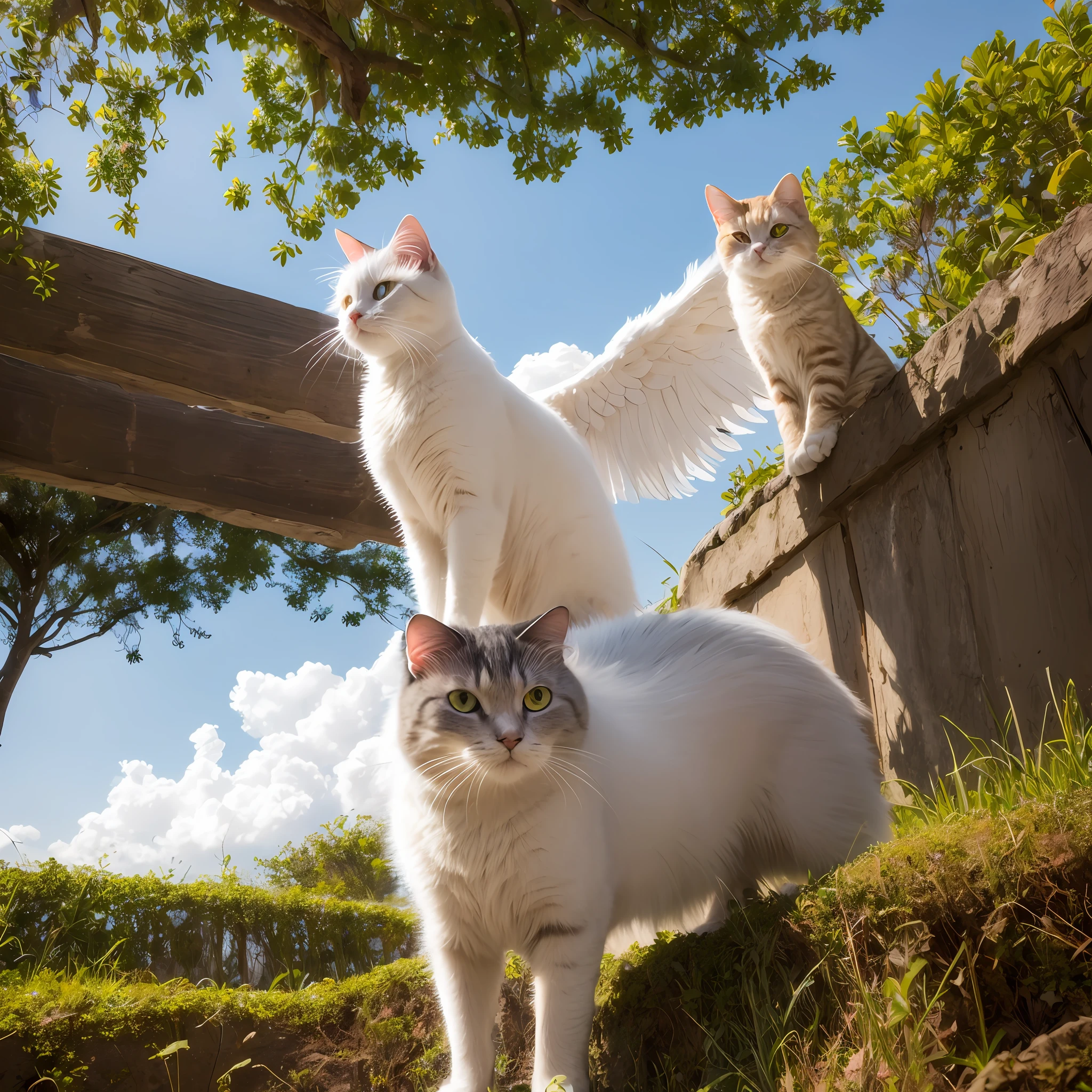 melhor qualidade, obra-prima, ultra alto nada, (fotorrealista: 1.4), foto crua, um gato branco com olhos azuis penetrantes, sitting on a cloud in the sky , with angel wings and a halo . O pelo do gato deve ser fofo e branco, com orelhas e nariz rosados. O plano de fundo deve ser ligeiramente desfocado para criar profundidade de campo. [realista], [inspirado na natureza], [soft-lighting], [Minimalista] --auto