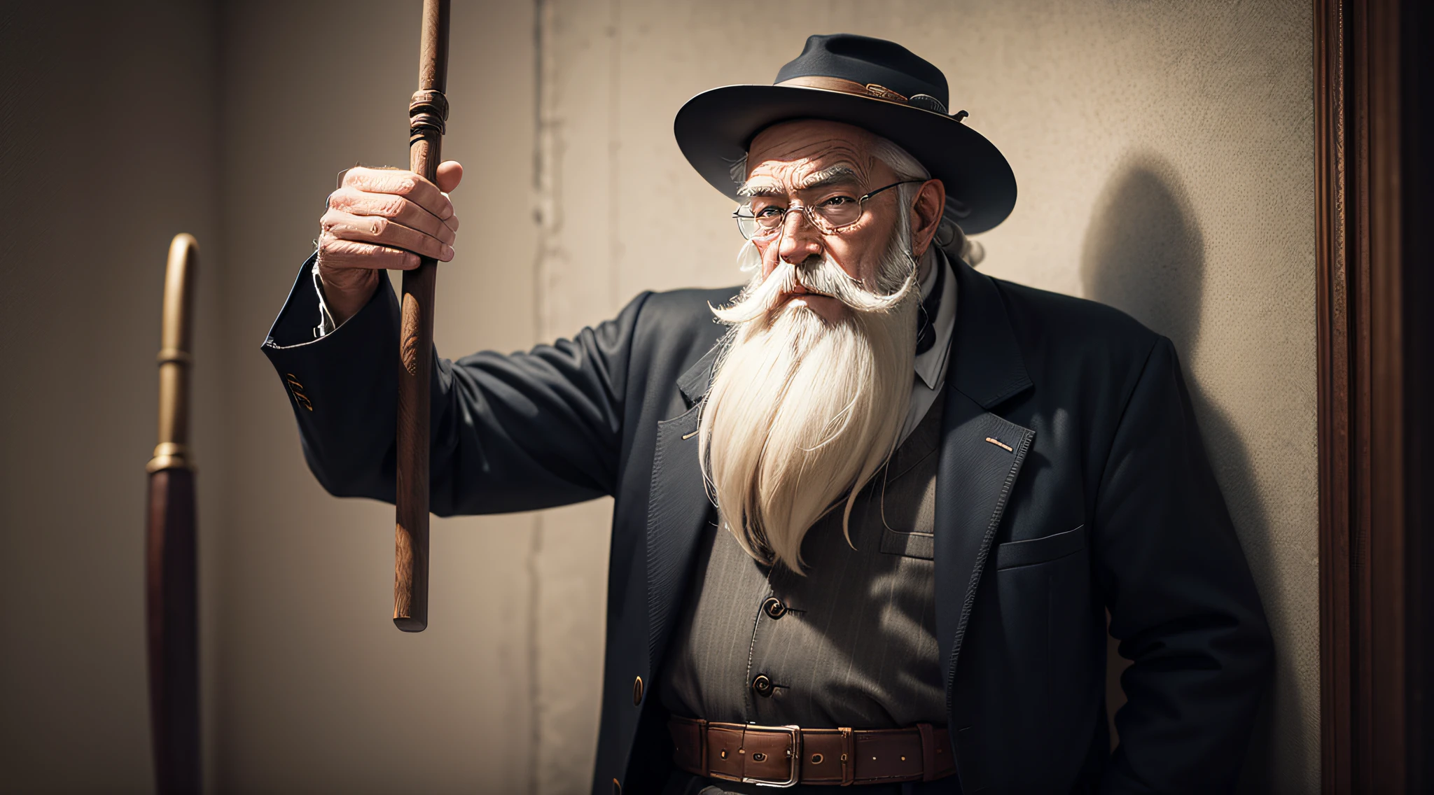 Old man with beard and hat and cane in the corner of the image, realista, dark backdrop --auto