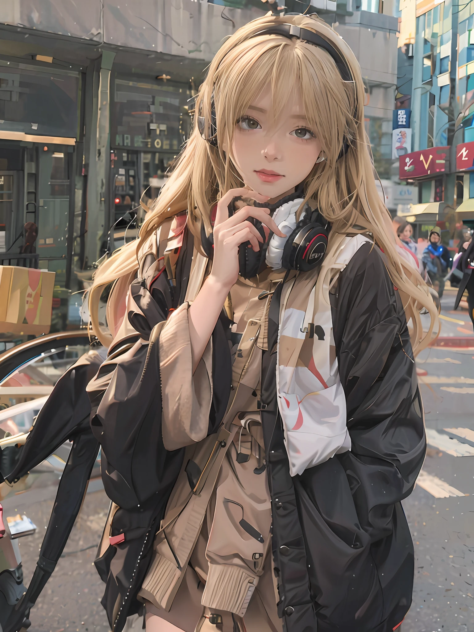 Realistic girl wearing headphones walking down the street, Guviz-style artwork, Cute girl, Attractive pure girl, Anime style. 8K, long blonde haired girl, Girl with long hair, Nice realistic girl, Portrait of a realistic girl, Beautiful anime girl, Beautiful and realistic portrait, Young reality TV girl, Realistic style 416K, A teenage girl