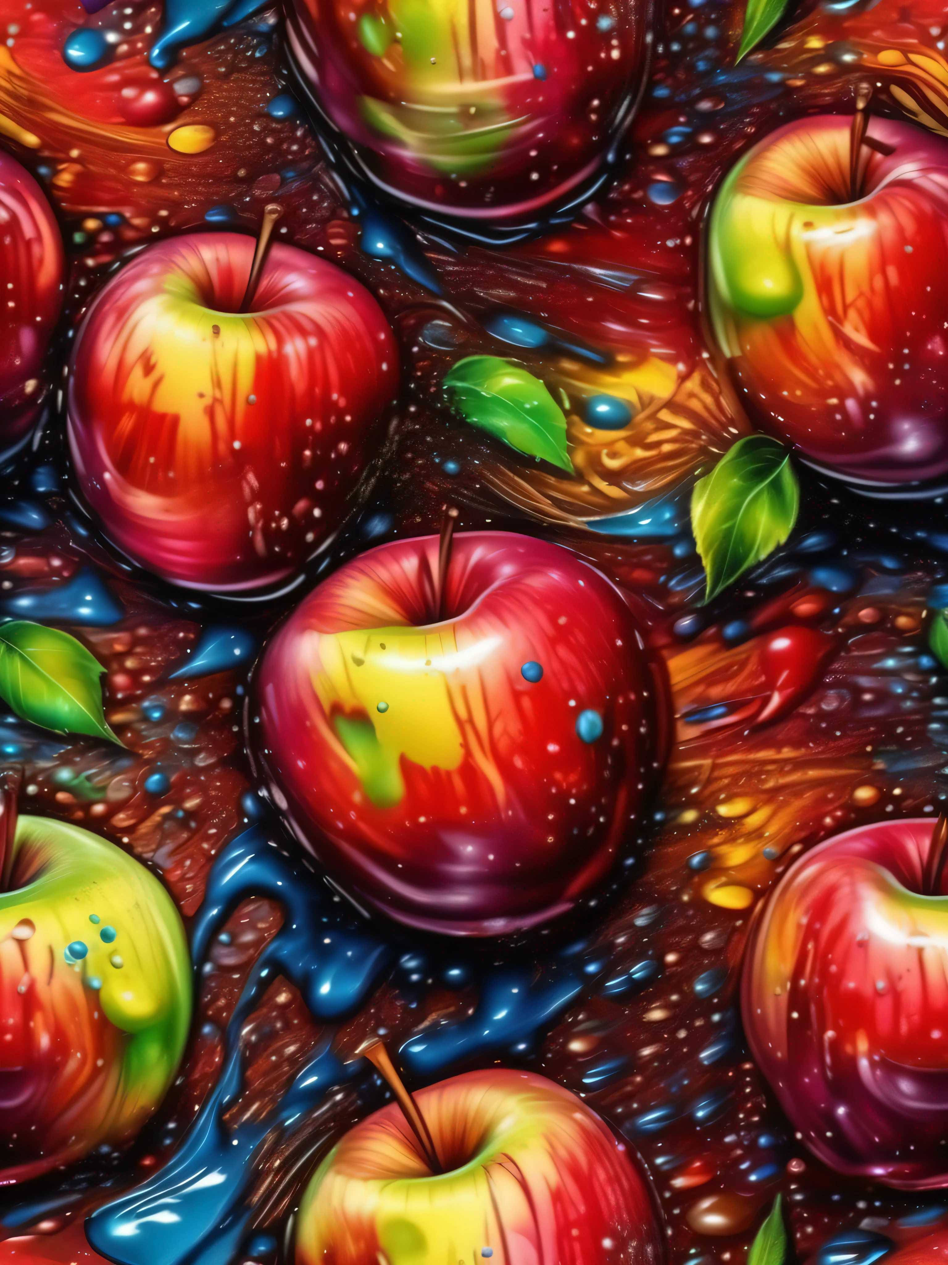 beautiful Apple, colorful Liquid paint splash, Splatter Art, smooth glossy shiny, Stereo vision shadow focus blur, masterpiece, best quality, hyperrealistic, sharp focus, highly detailed, intricate artwork masterpiece, Extremely intricate realistic detailed beautiful background