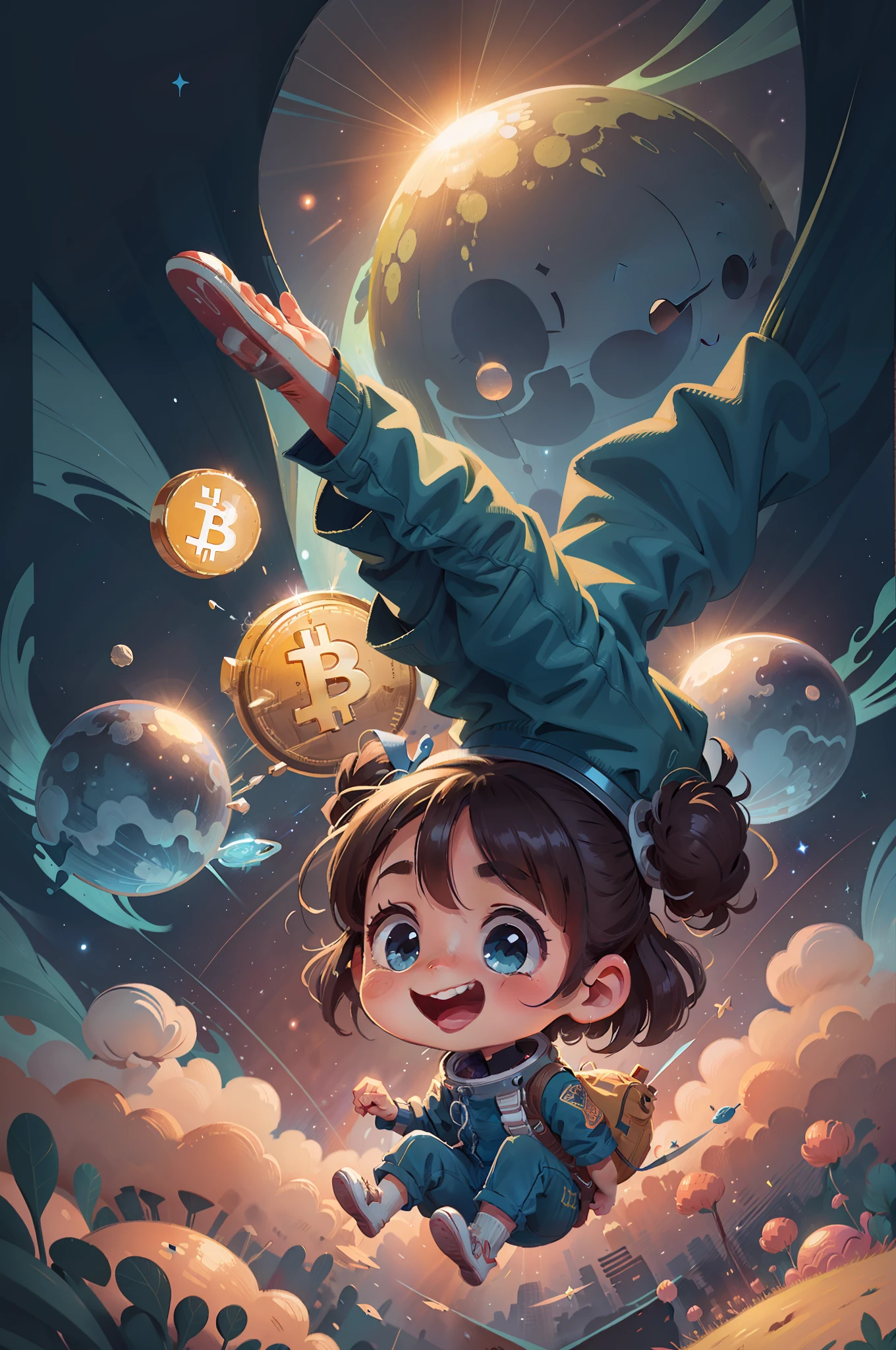 A happy 5--old ating in space and bitcoin airdroping, surrounded by bright bitcoins. She is wearing a blue jumpsuit and has wide eyes with admiration. Bright bitcois, flying through space, Halo of light, long shot, (detailed face), (8k illustration), (detailed), (outer space), (bright stars)