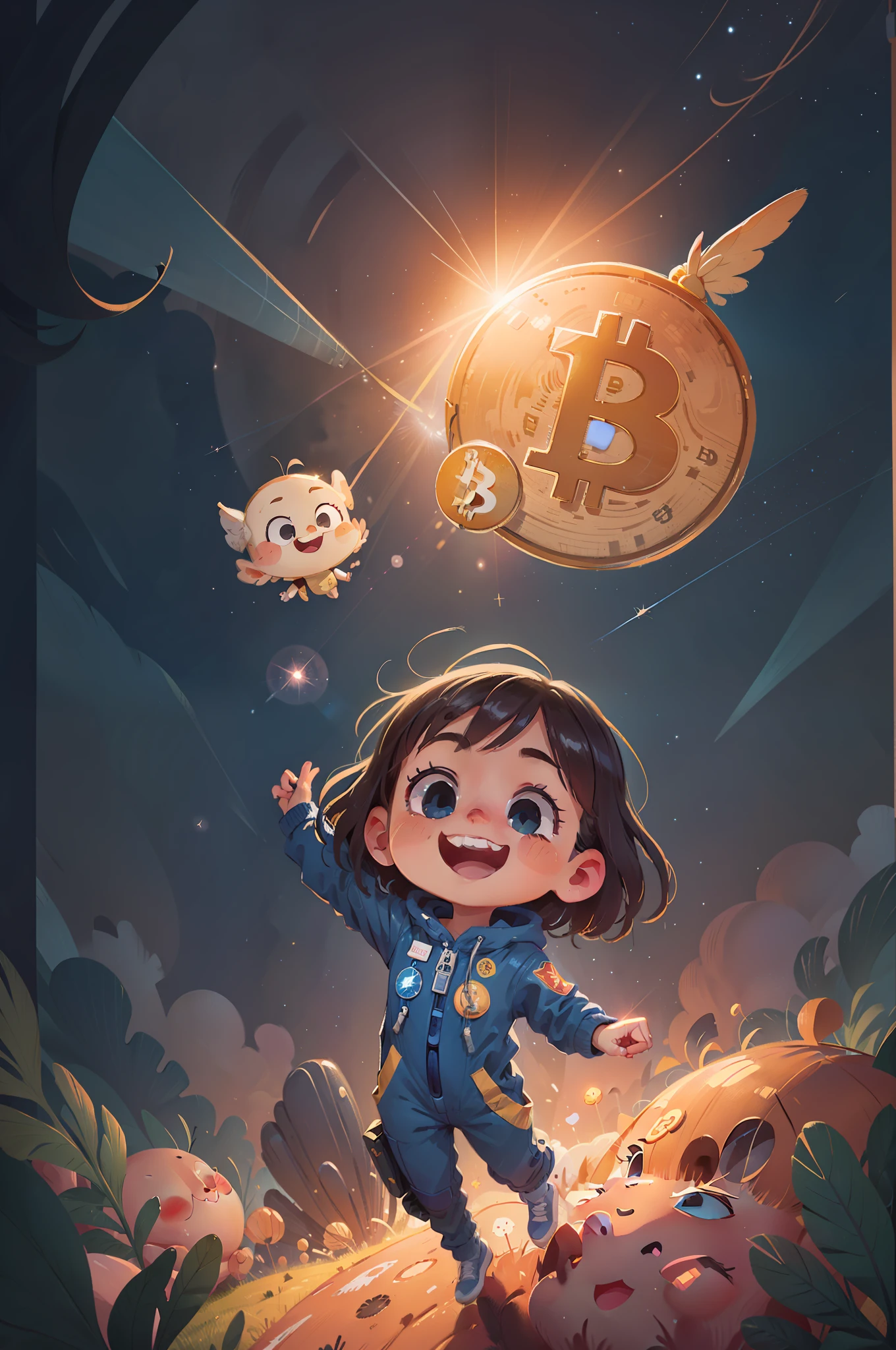 A happy 5--old ating in space and bitcoin airdroping, surrounded by bright bitcoins. She is wearing a blue jumpsuit and has wide eyes with admiration. Bright bitcois, flying through space, Halo of light, long shot, (detailed face), (8k illustration), (detailed), (outer space), (bright stars)