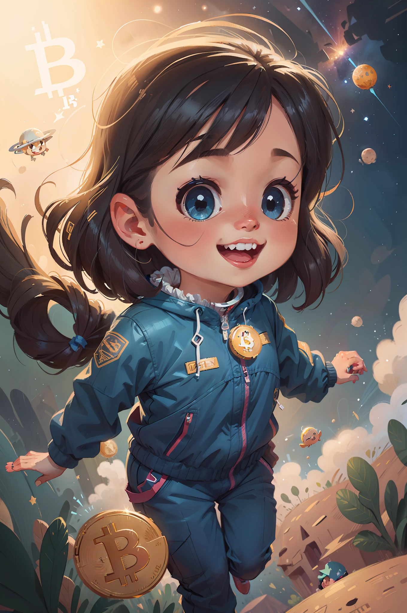 A happy 5--old ating in space and bitcoin airdroping, surrounded by bright bitcoins. She is wearing a blue jumpsuit and has wide eyes with admiration. Bright bitcois, flying through space, Halo of light, long shot, (detailed face), (8k illustration), (detailed), (outer space), (bright stars)