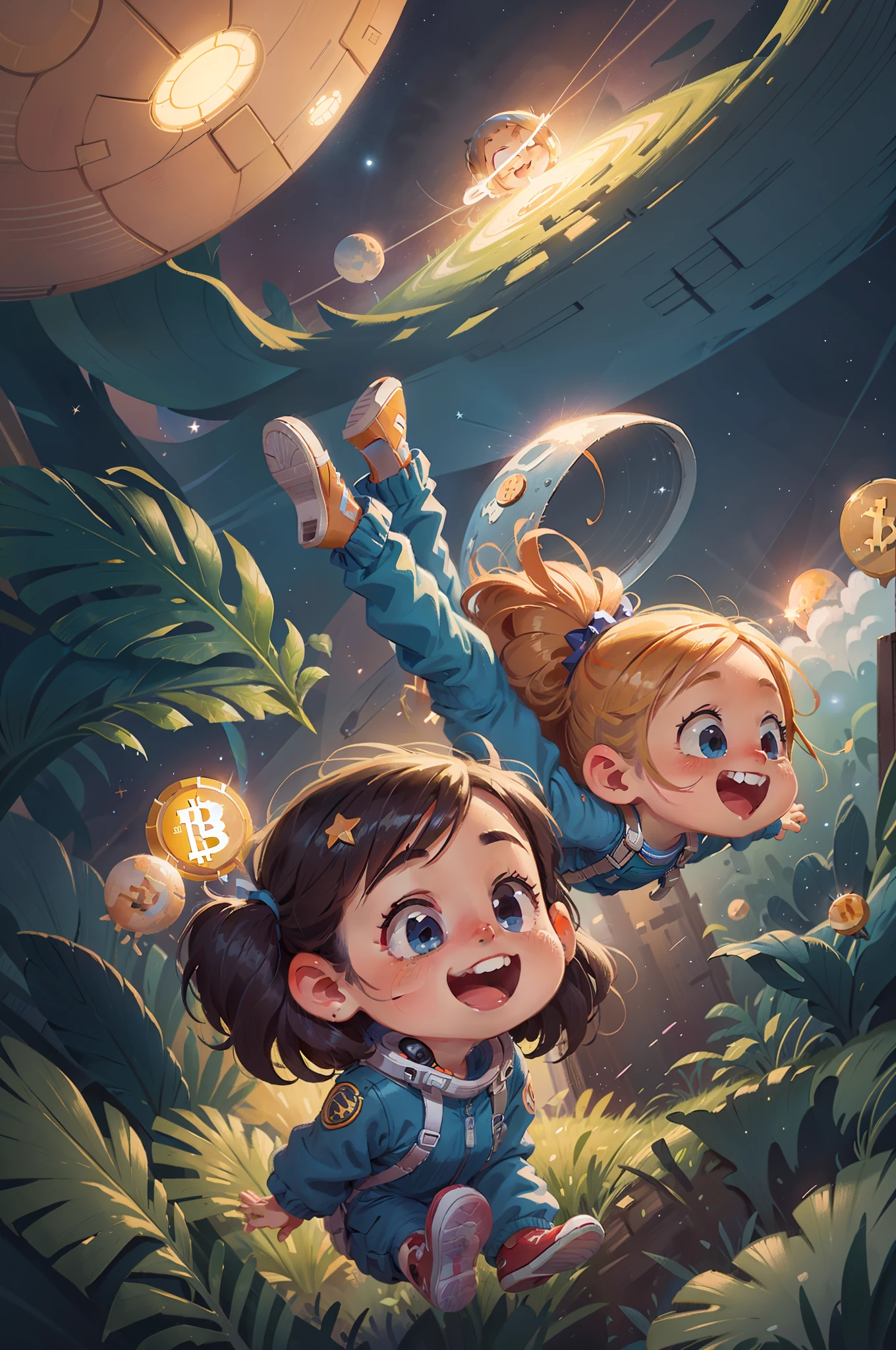 A happy 5-year-old floating in space and bitcoin airdroping, surrounded by bright bitcoins. She is wearing a blue jumpsuit and has wide eyes with admiration. Bright bitcois, flying through space, Halo of light, long shot, (detailed face), (8k illustration), (detailed), (outer space), (bright stars)