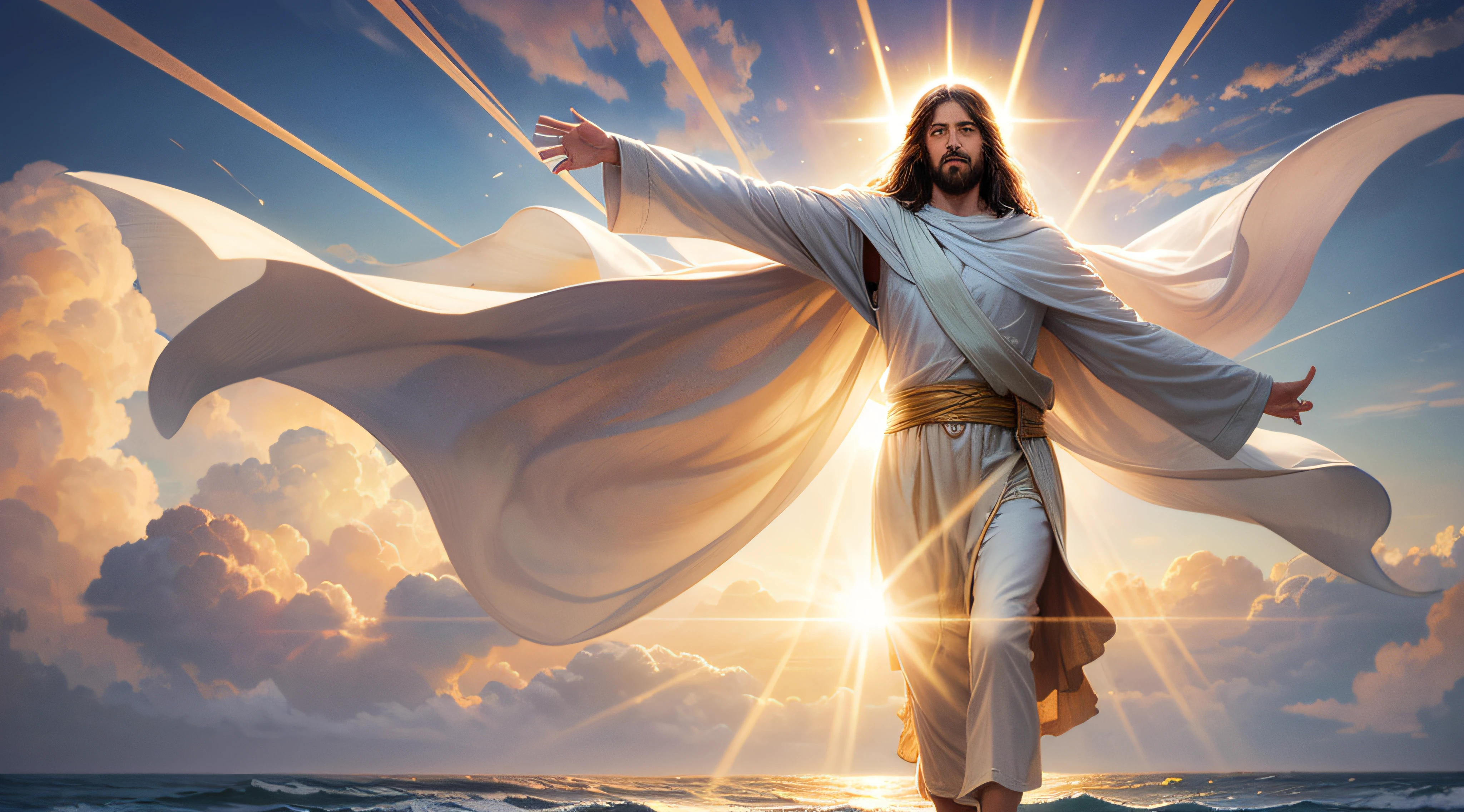 Jesus is flying through the clouds with outstretched arms, Jesus Christ, Jesus, god sun rays, Portrait of a Heavenly God, Second coming, Young God Almighty, concept art of god, Rays of Holy Sacred Light, sacred images, The Lord and Savior, God of the Sun, ascension, Jesus walking on water, Dressed as Jesus Christ, heavenly light,   Divine God(ultra realistic, ultra quality) --auto
