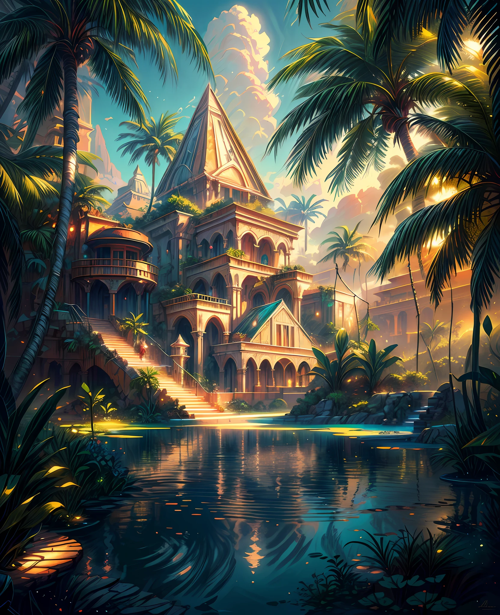 a painting of a tropical resort with a pond and pole , Egyptian environment,  global illumination, Egyptian atmosphere, relaxing ,concept art, highly detailed, digital art, in a tropical and dystopic city, andreas rocha style, by Mike Winkelmann, very detailed paradise